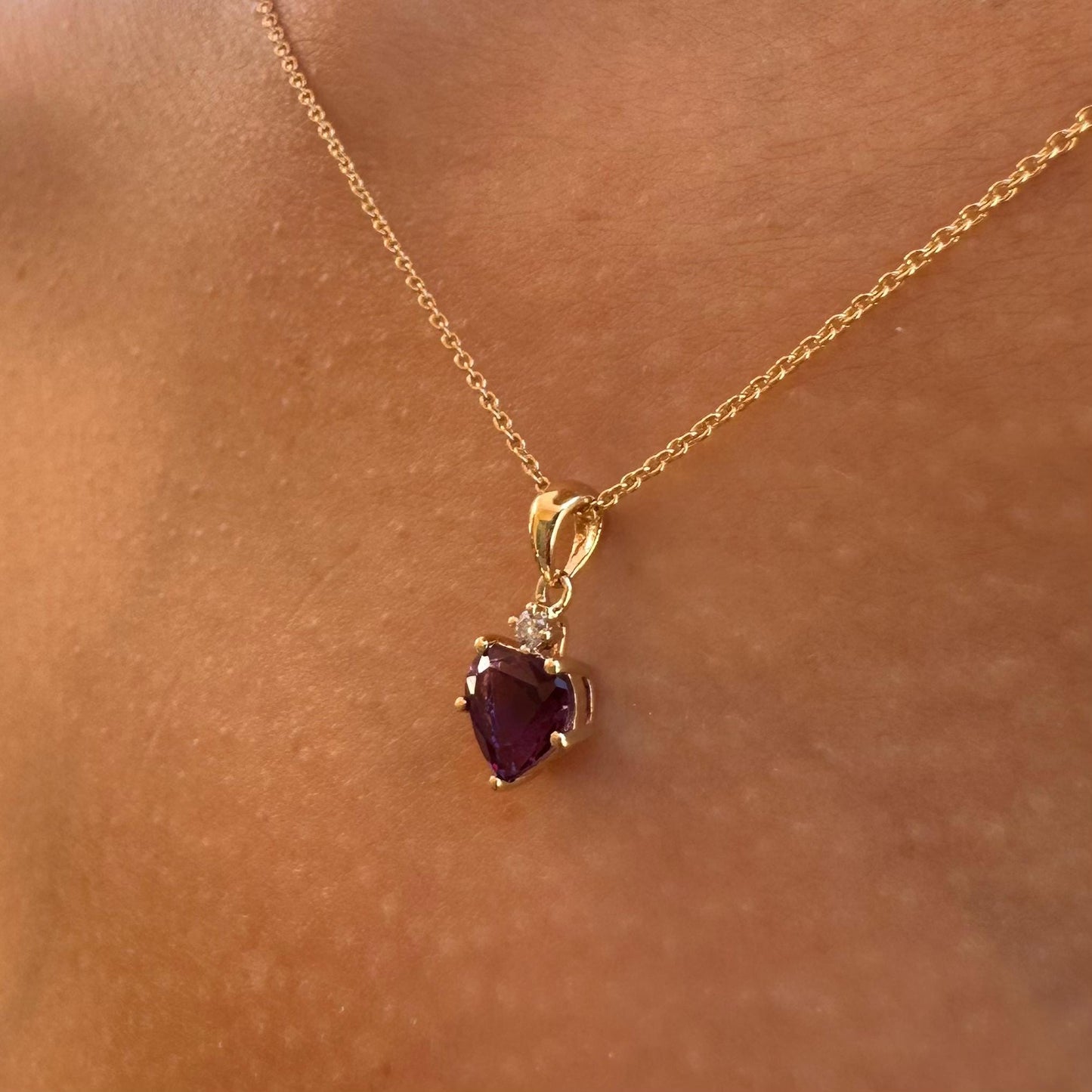 14K Solid Gold Heart Shaped Genuine 5 Prong Amethyst and Diamond Pendant