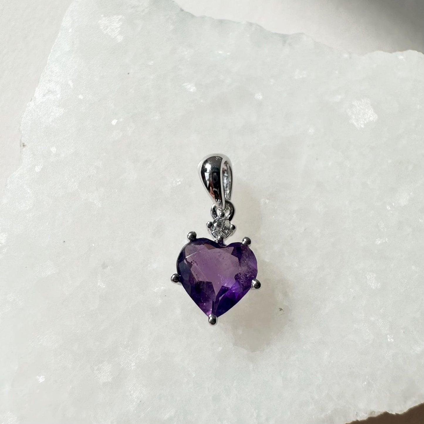 14K Solid Gold Heart Shaped Genuine 5 Prong Amethyst and Diamond Pendant