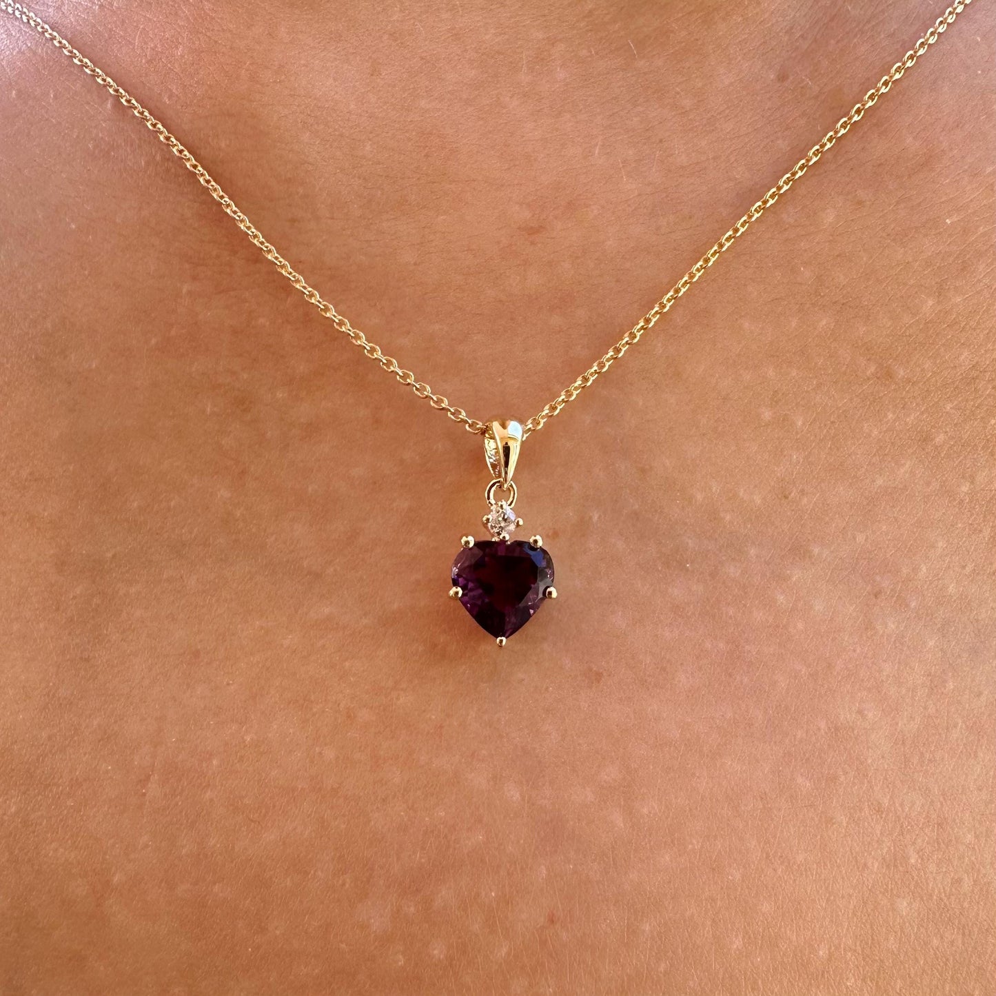 14K Solid Gold Heart Shaped Genuine 5 Prong Amethyst and Diamond Pendant