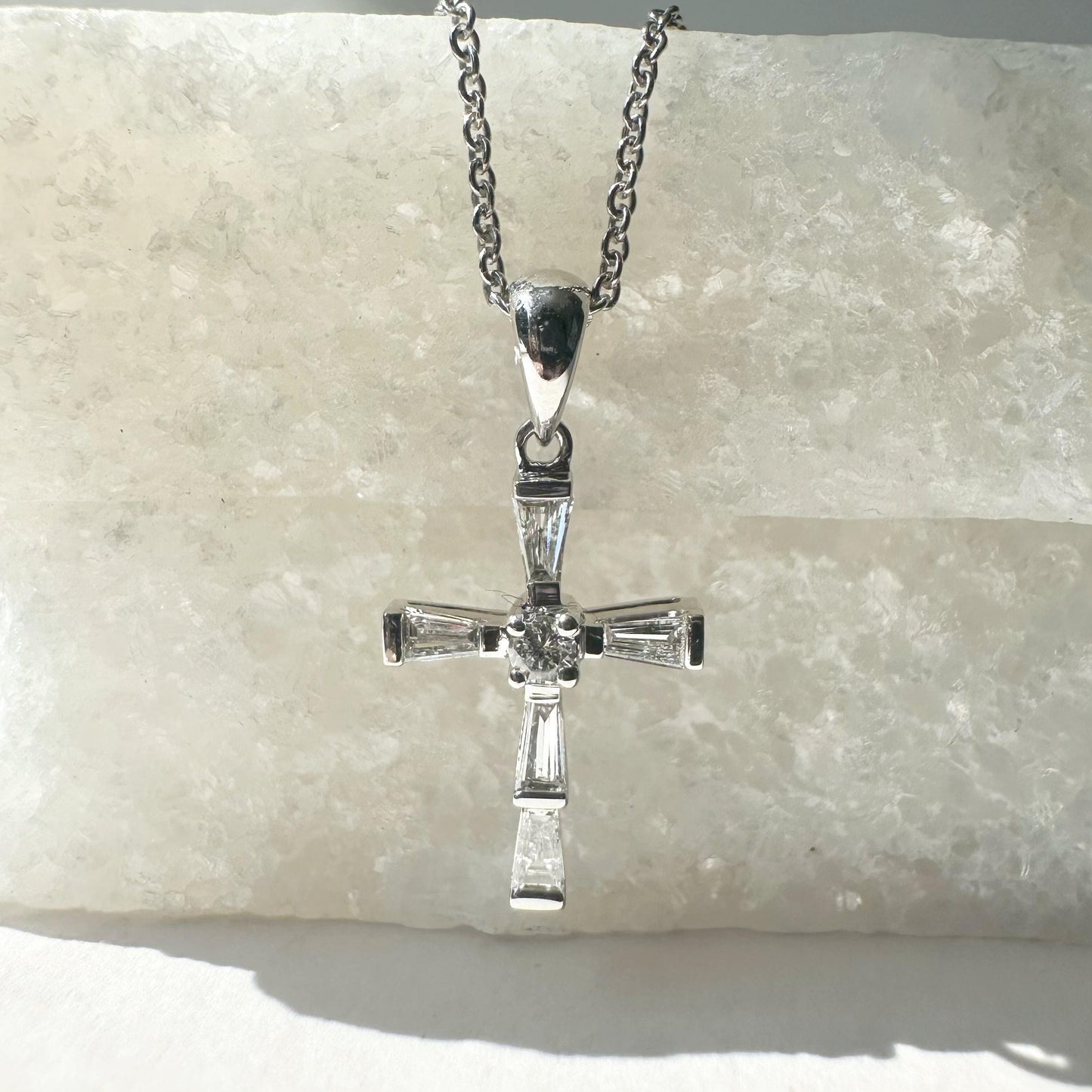 14K Solid White Gold Genuine Baguette Diamond Cross Pendant