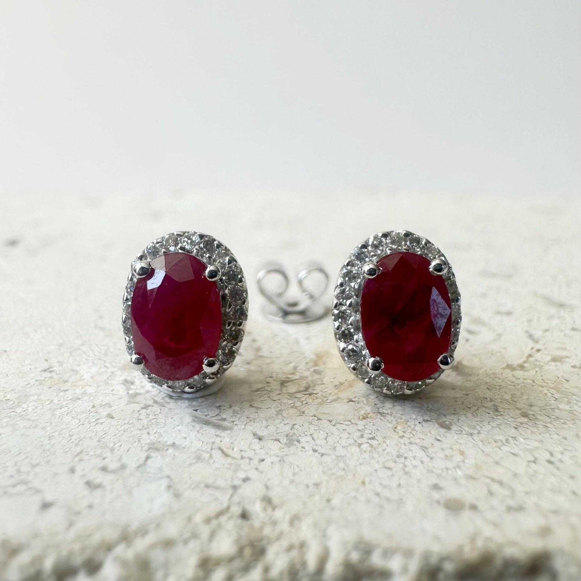 14K Solid White Gold Ruby and Diamond Halo Studs