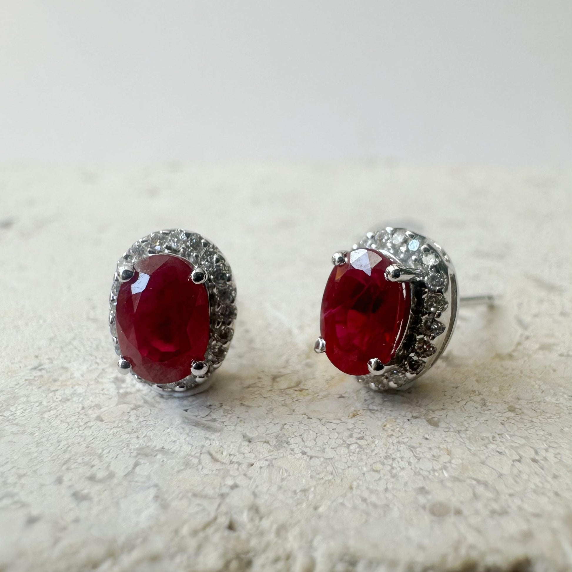 14K Solid White Gold Ruby and Diamond Halo Studs