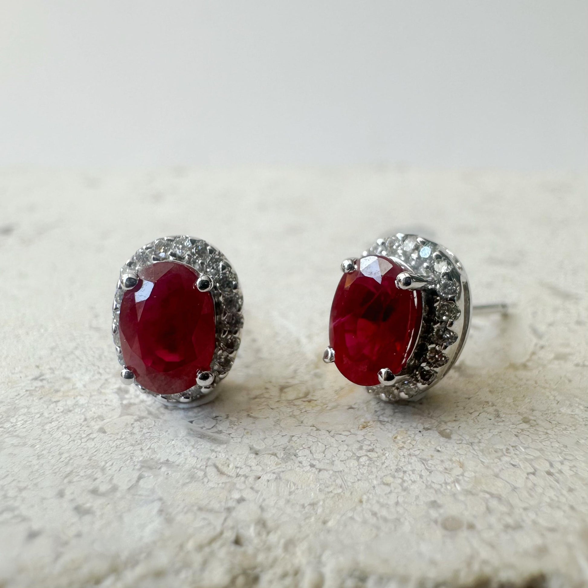14K Solid White Gold 1.36 Carat Natural Ruby Diamond Halo Stud Earrings | Genuine Earth Mined Ruby | Fine Jewelry | July Birthstone Gift