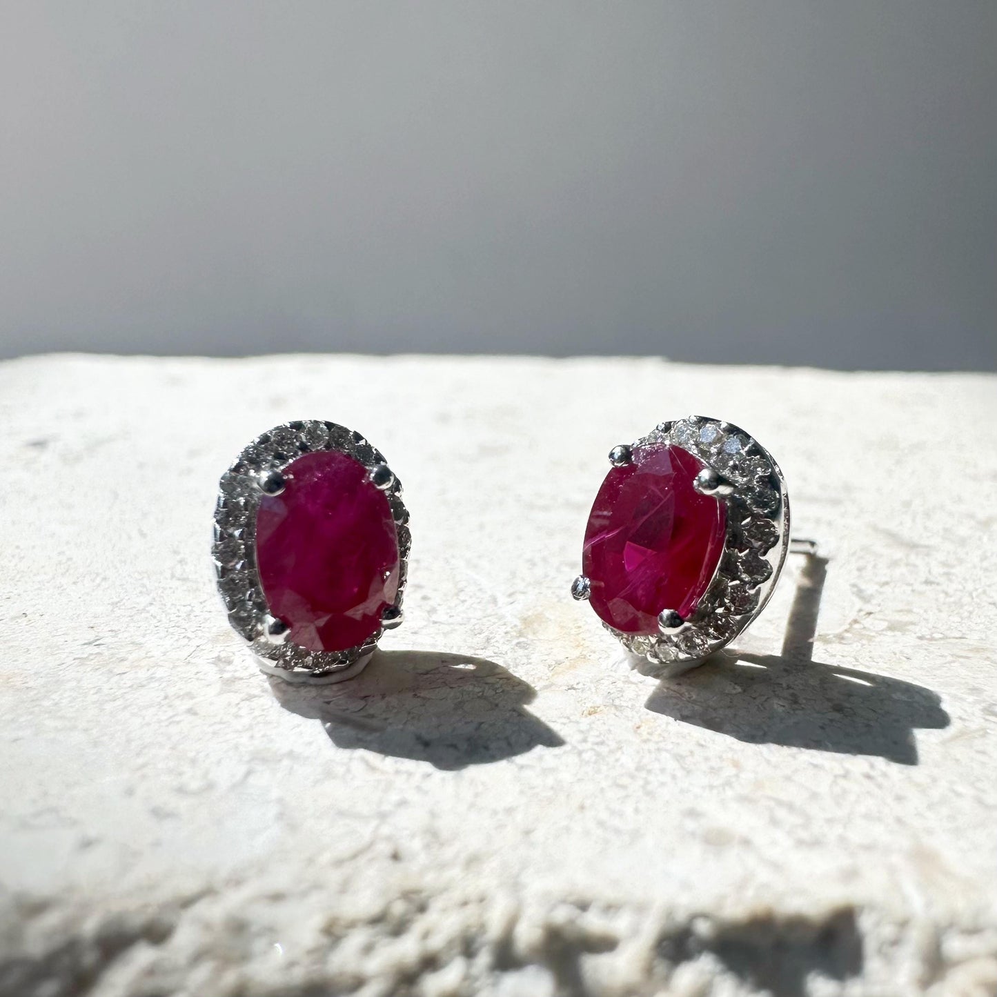 14K Solid White Gold Ruby and Diamond Halo Studs