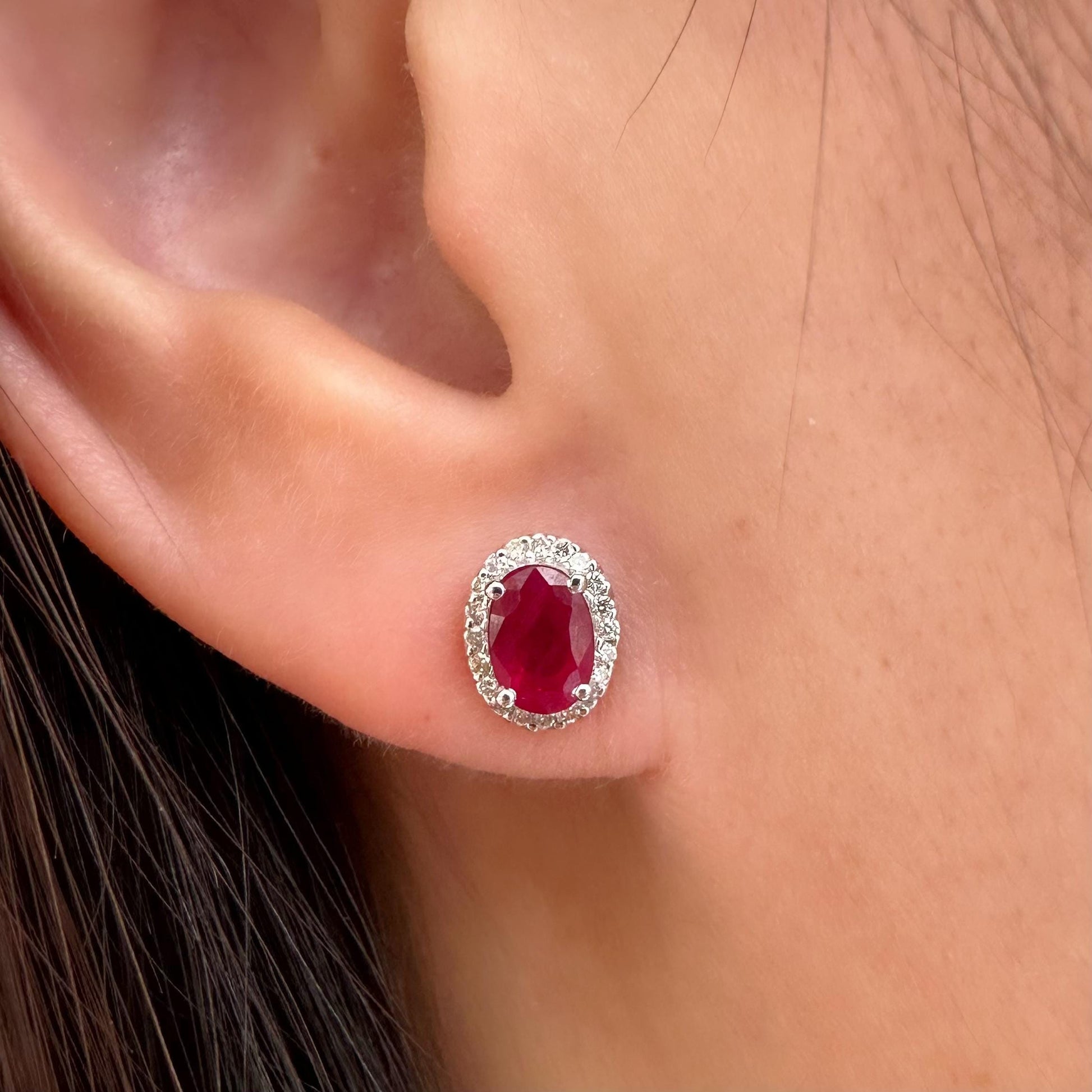 14K Solid White Gold Ruby and Diamond Halo Studs