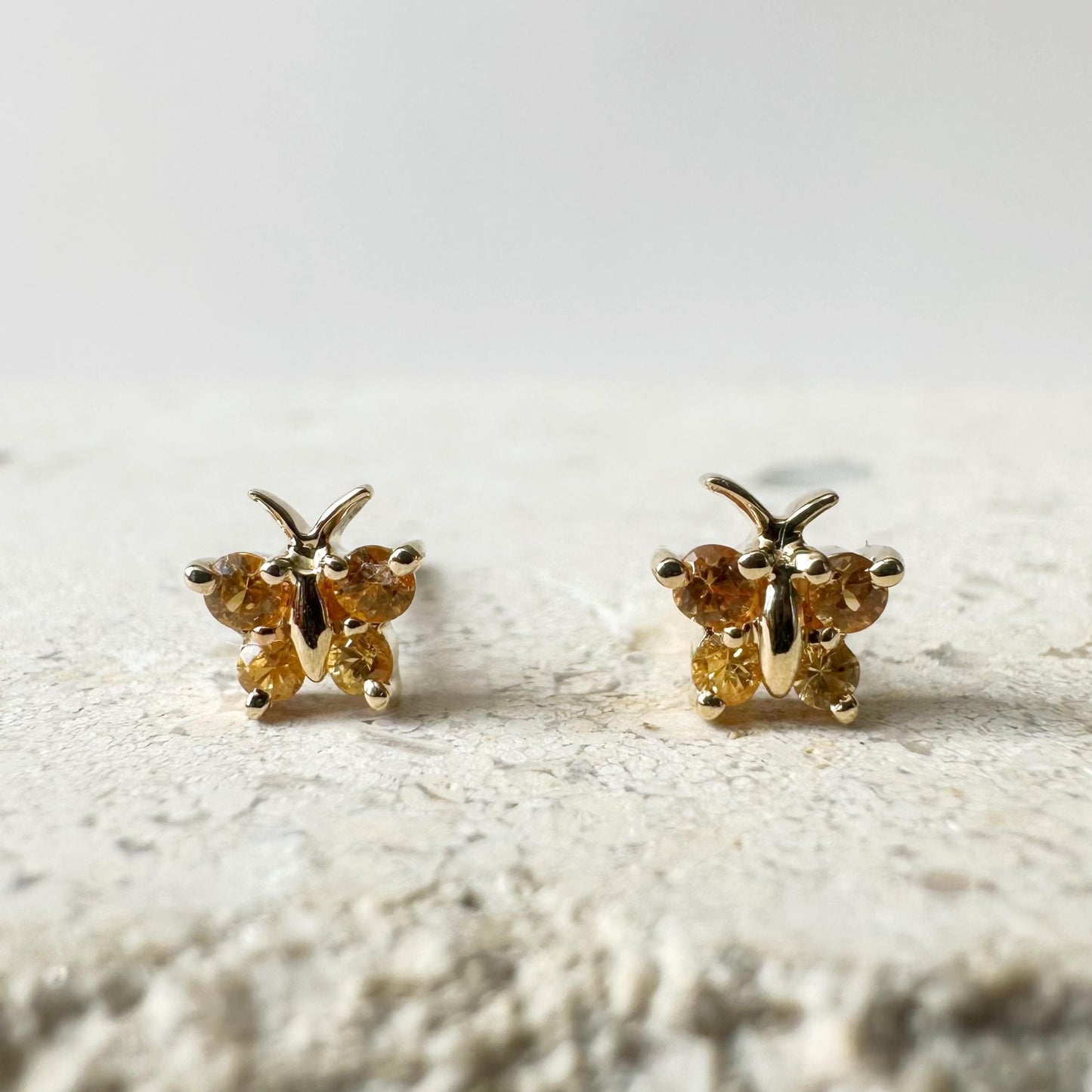 14K Solid Gold Genuine Orange Sapphire Butterfly Studs/Pair