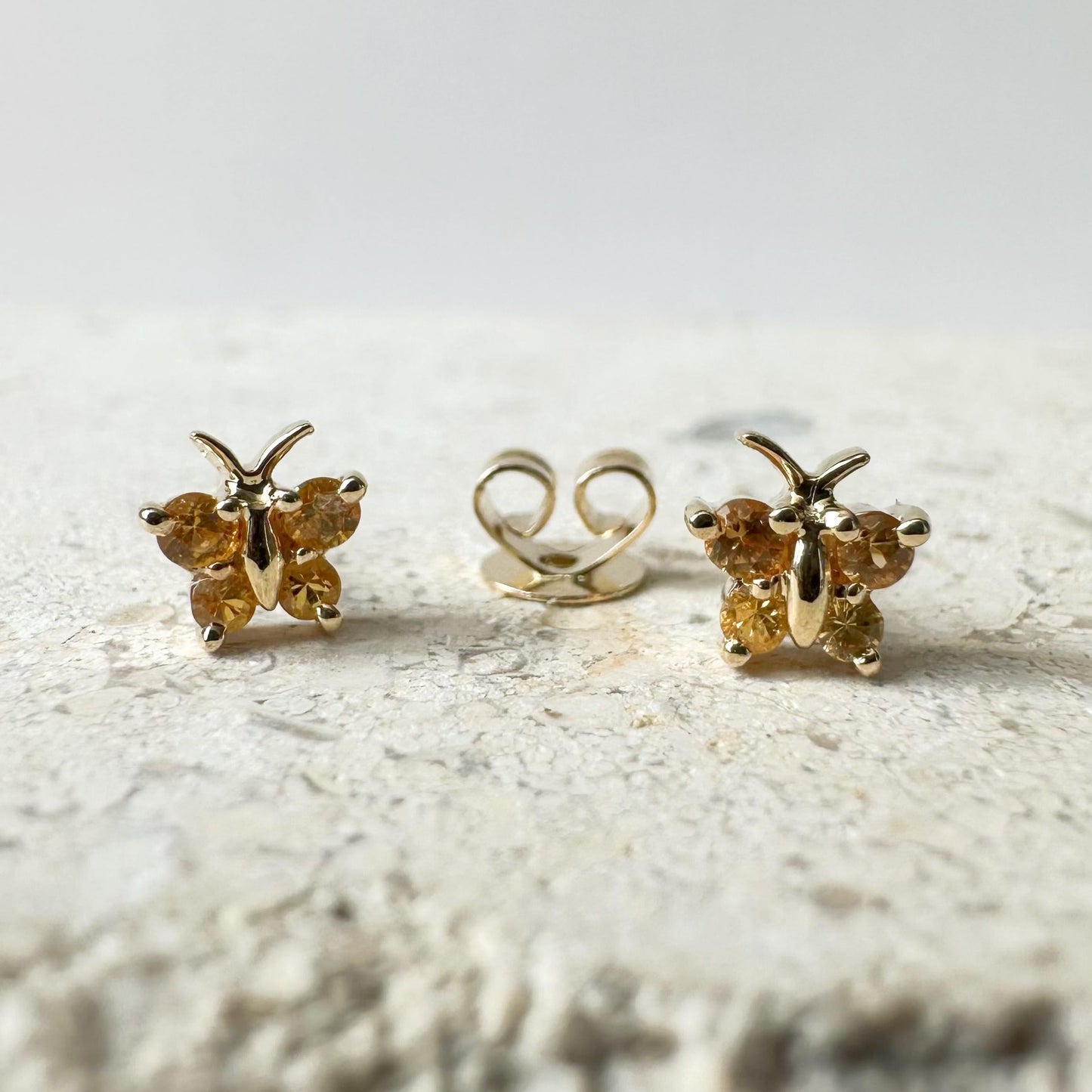 14K Solid Gold Genuine Orange Sapphire Butterfly Studs/Pair