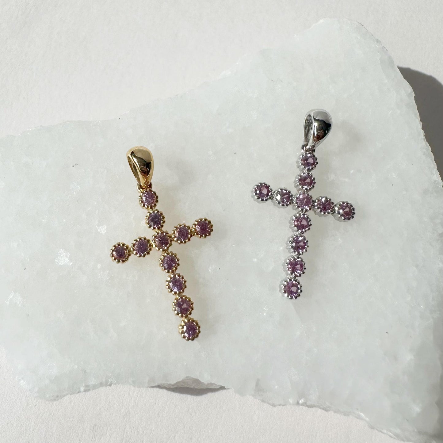 14K Solid Gold Genuine Pink Sapphire Cross Pendant