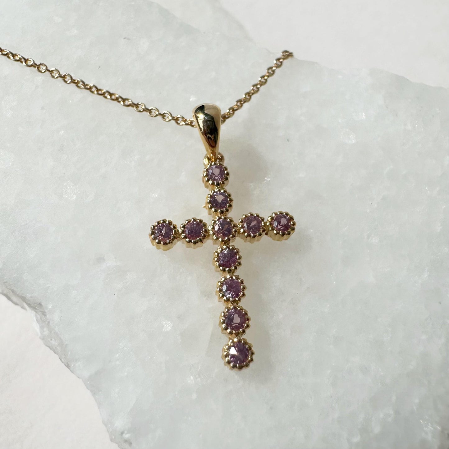 14K Solid Gold Genuine Pink Sapphire Cross Pendant