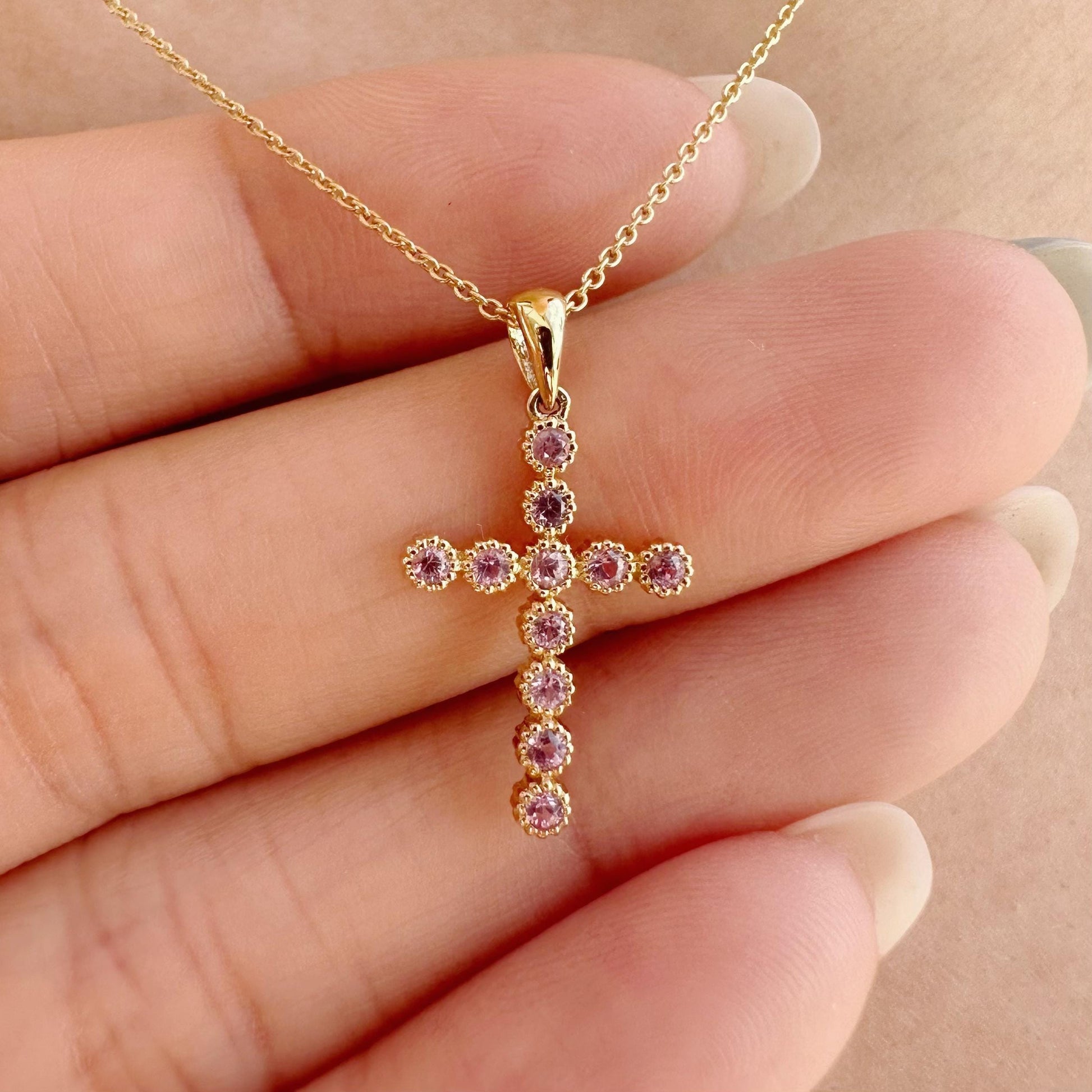 14K Solid Gold Genuine Pink Sapphire Cross Pendant