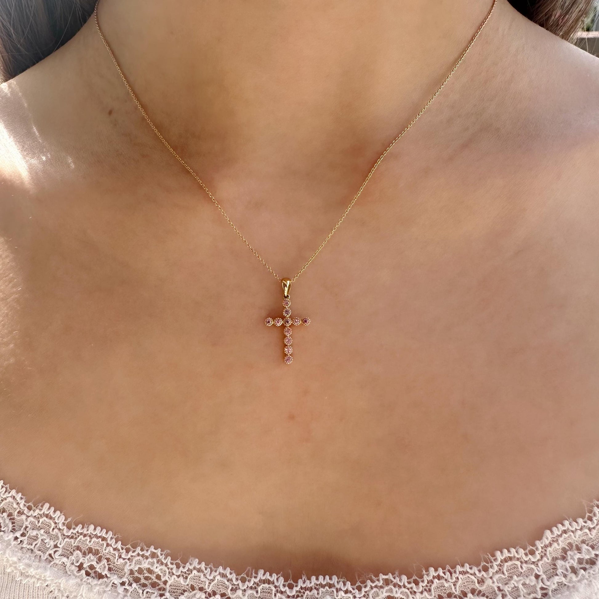 14K Solid Gold Genuine Pink Sapphire Cross Pendant