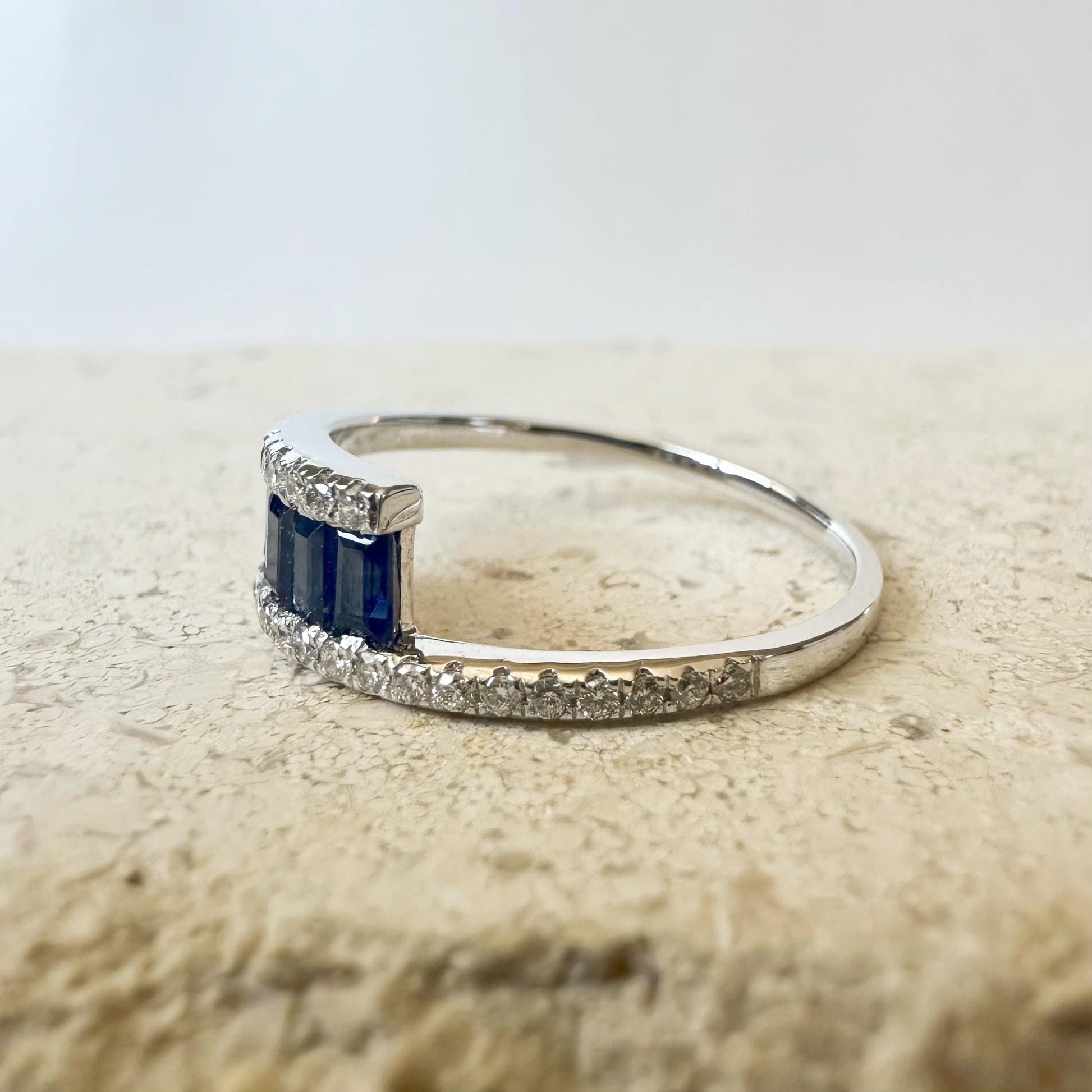 14K Solid White Gold Genuine Baguette Sapphire and Diamond Ring