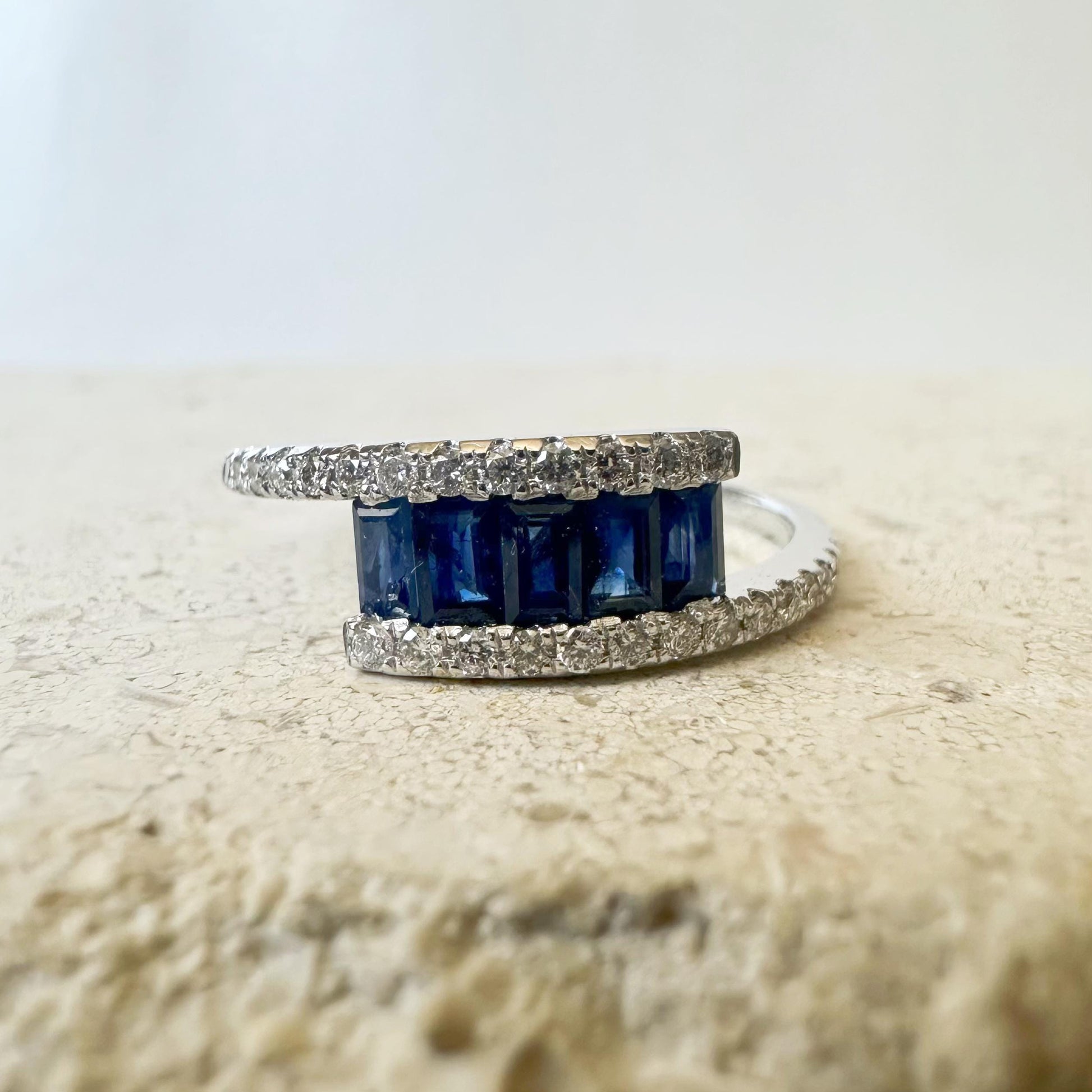 14K Solid White Gold Genuine Baguette Sapphire and Diamond Ring