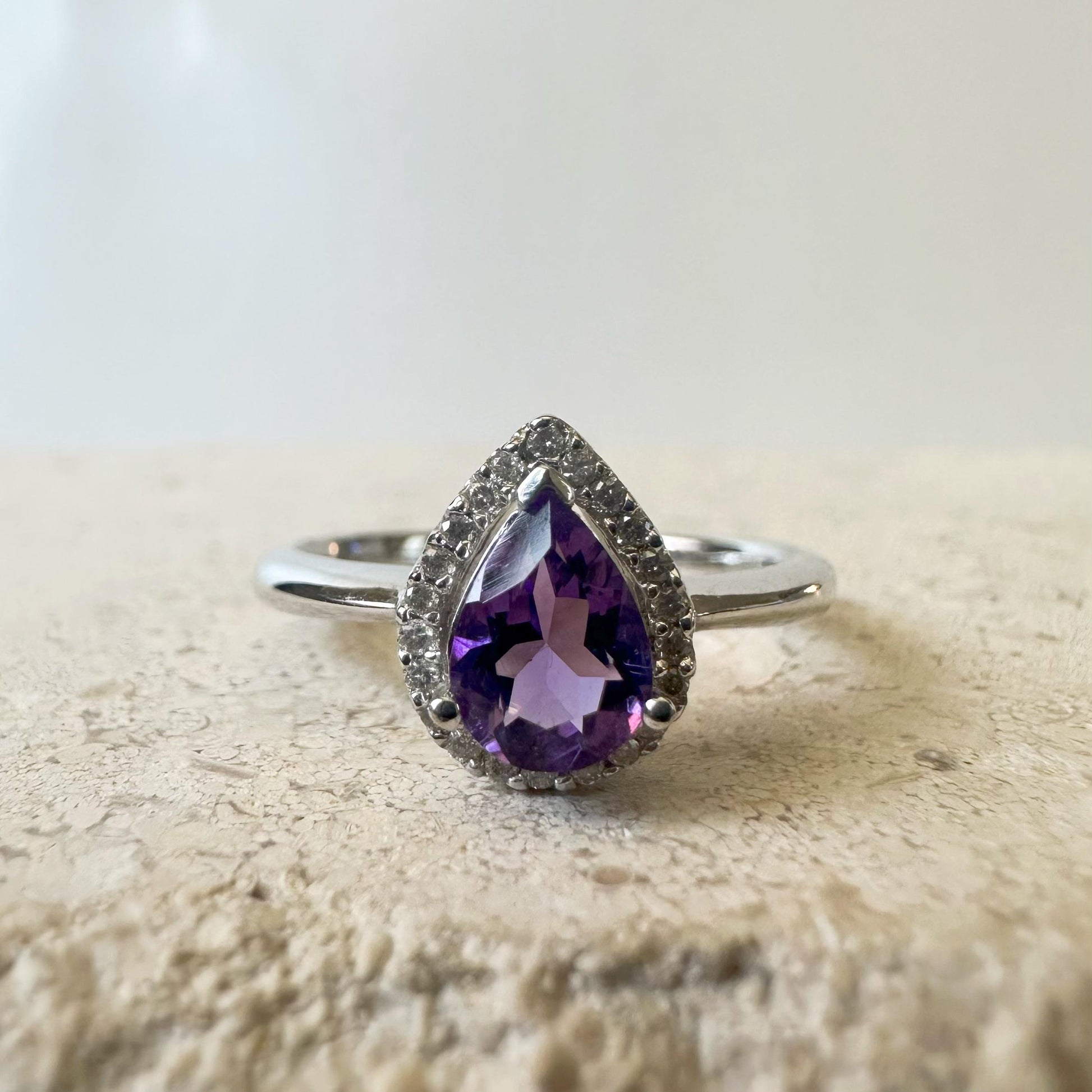 14K Solid White Gold Genuine Teardrop Amethyst and Diamond Ring