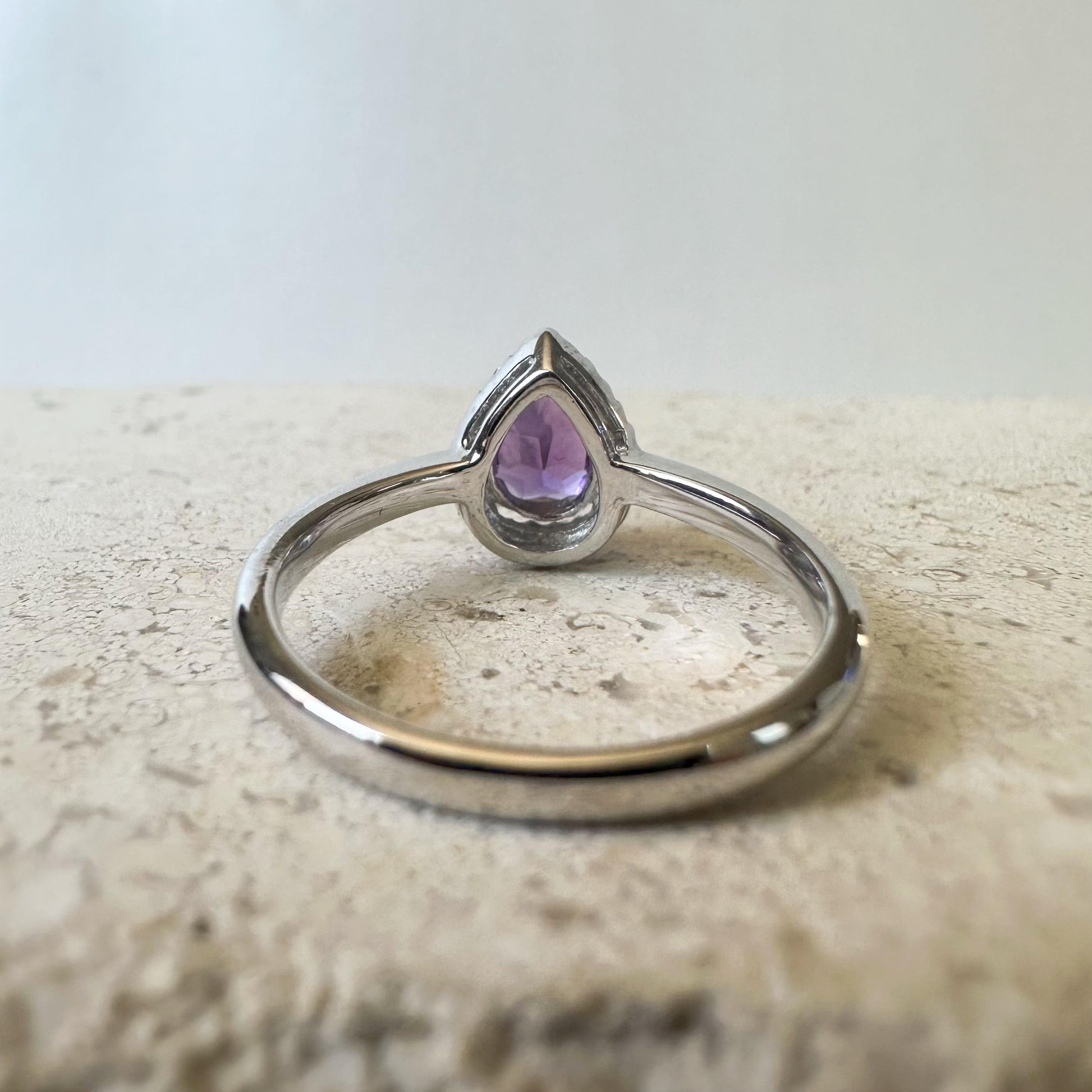 14K Solid White Gold Genuine Teardrop Amethyst and Diamond Ring