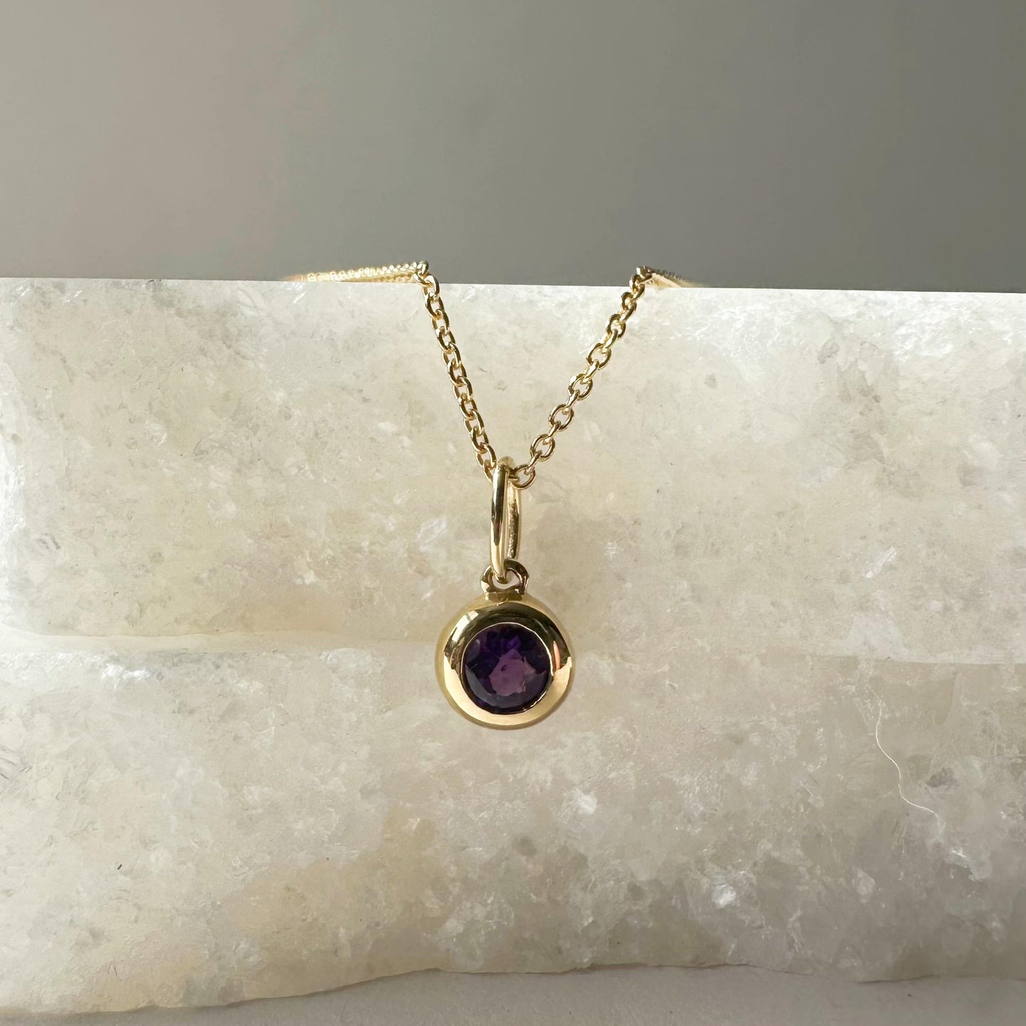 14K Solid Gold Genuine Bezel Amethyst Pendant