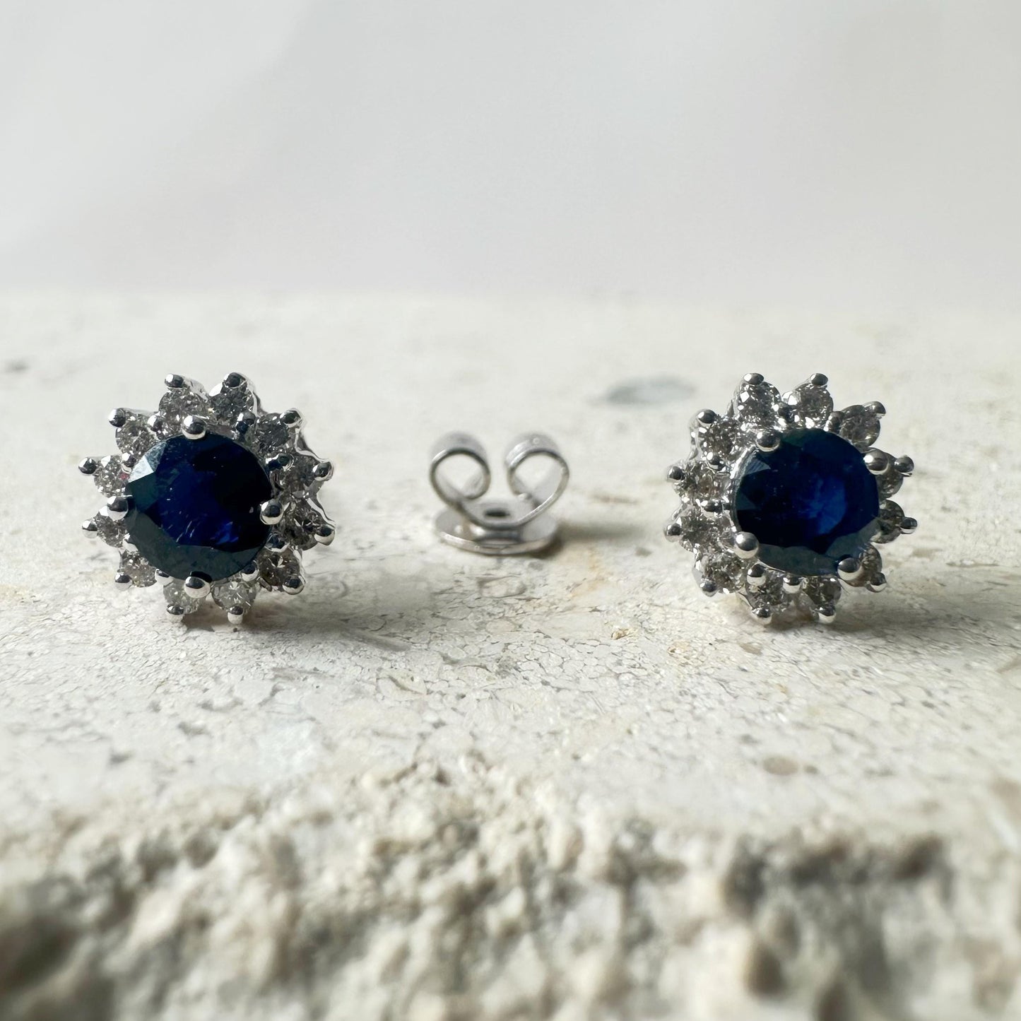 14K Solid Gold Genuine Sapphire and Diamond Sun Studs/Pair