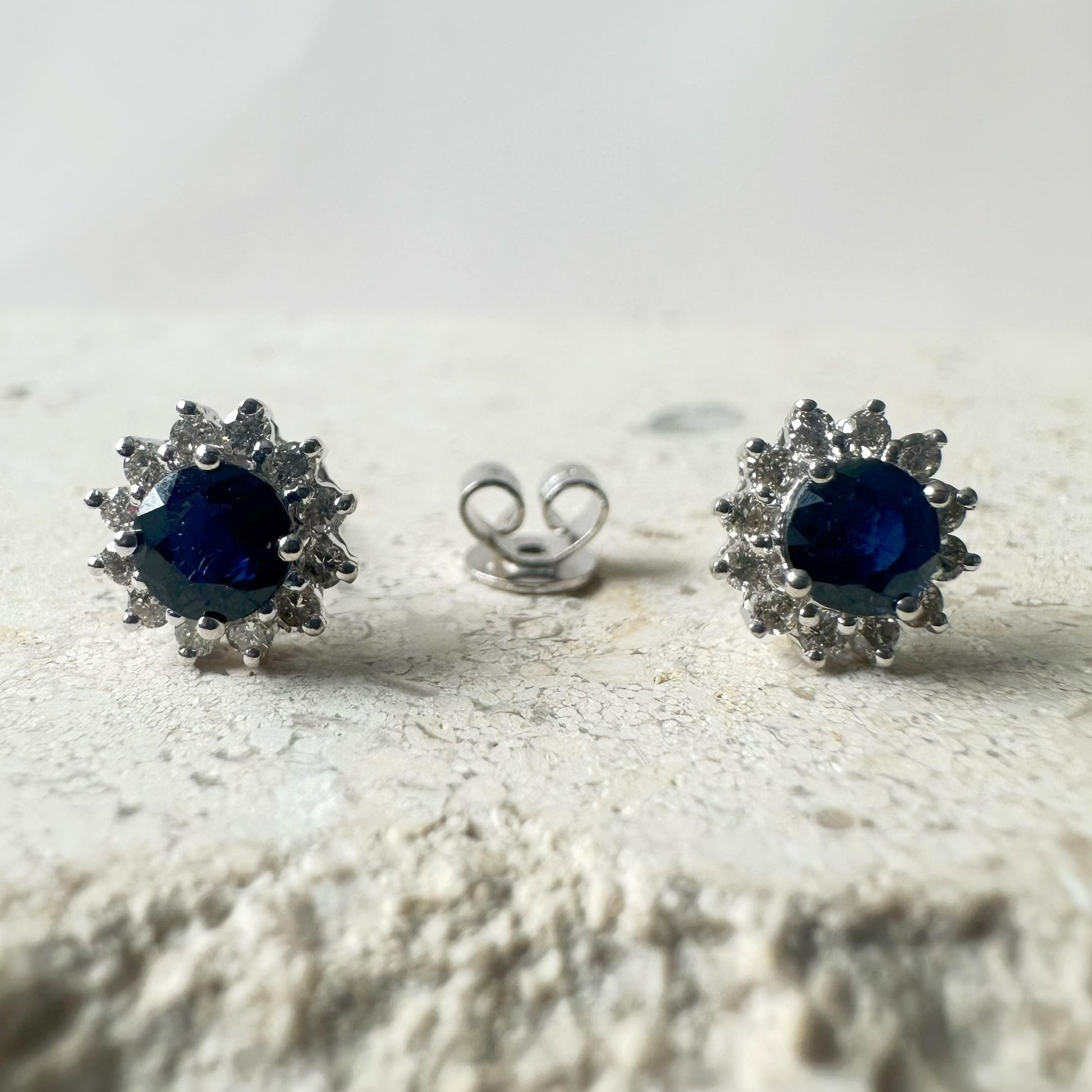 14K Solid Gold Genuine Sapphire and Diamond Sun Studs/Pair