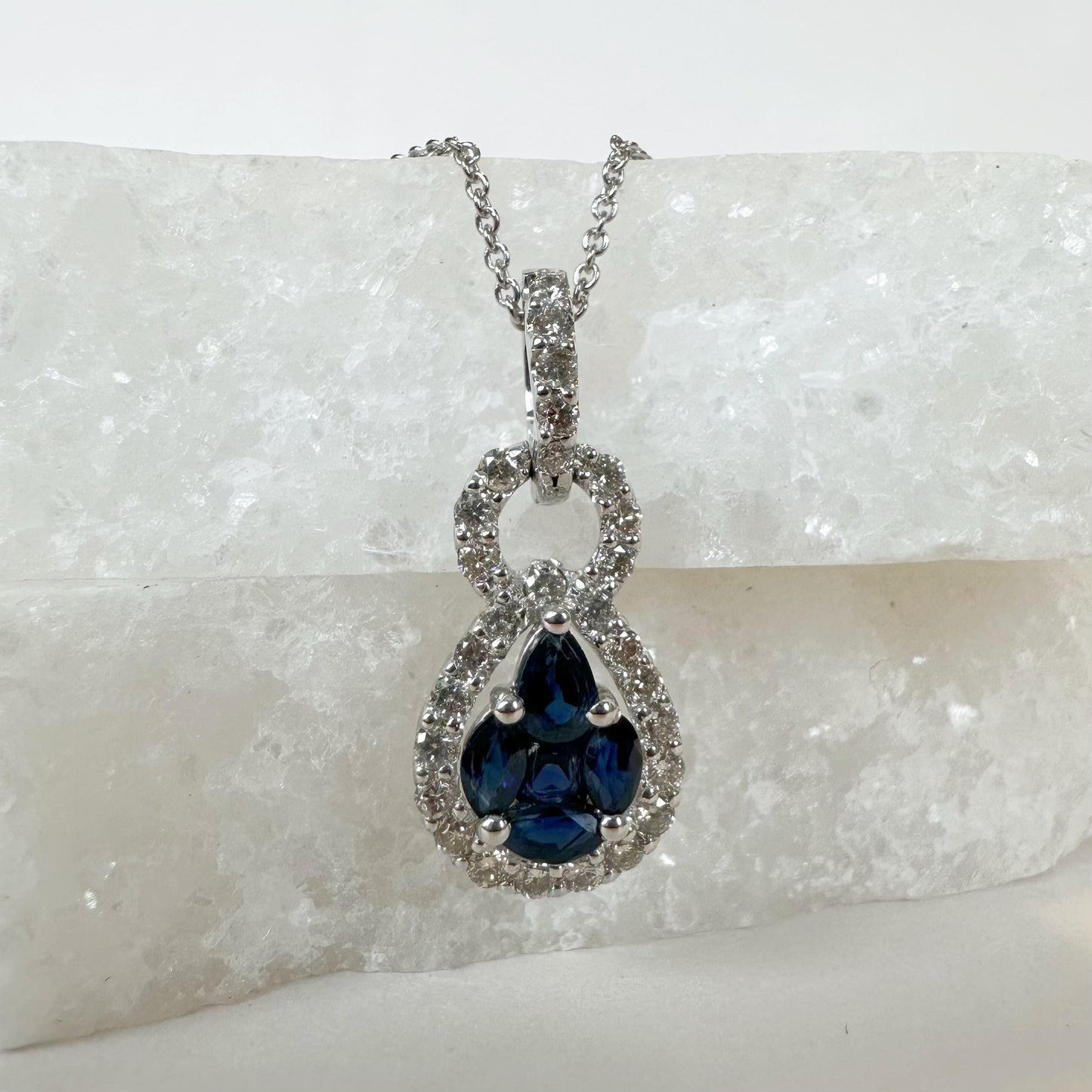 14K Solid White Gold Genuine Sapphire Cluster and Diamond Pendant