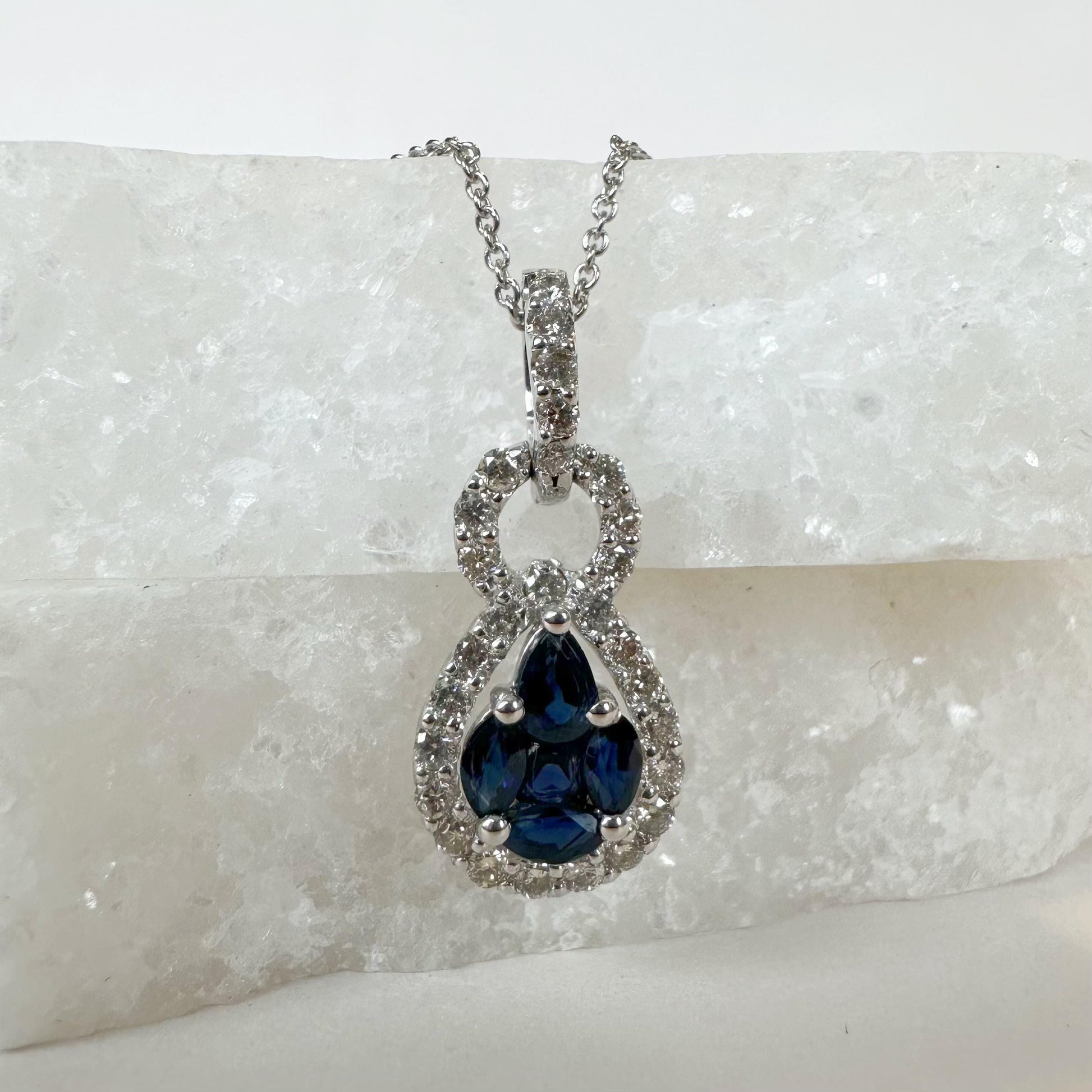 14K Solid White Gold Genuine Sapphire Cluster and Diamond Pendant