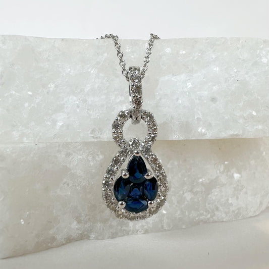 14K Solid White Gold Genuine Sapphire Cluster and Diamond Pendant