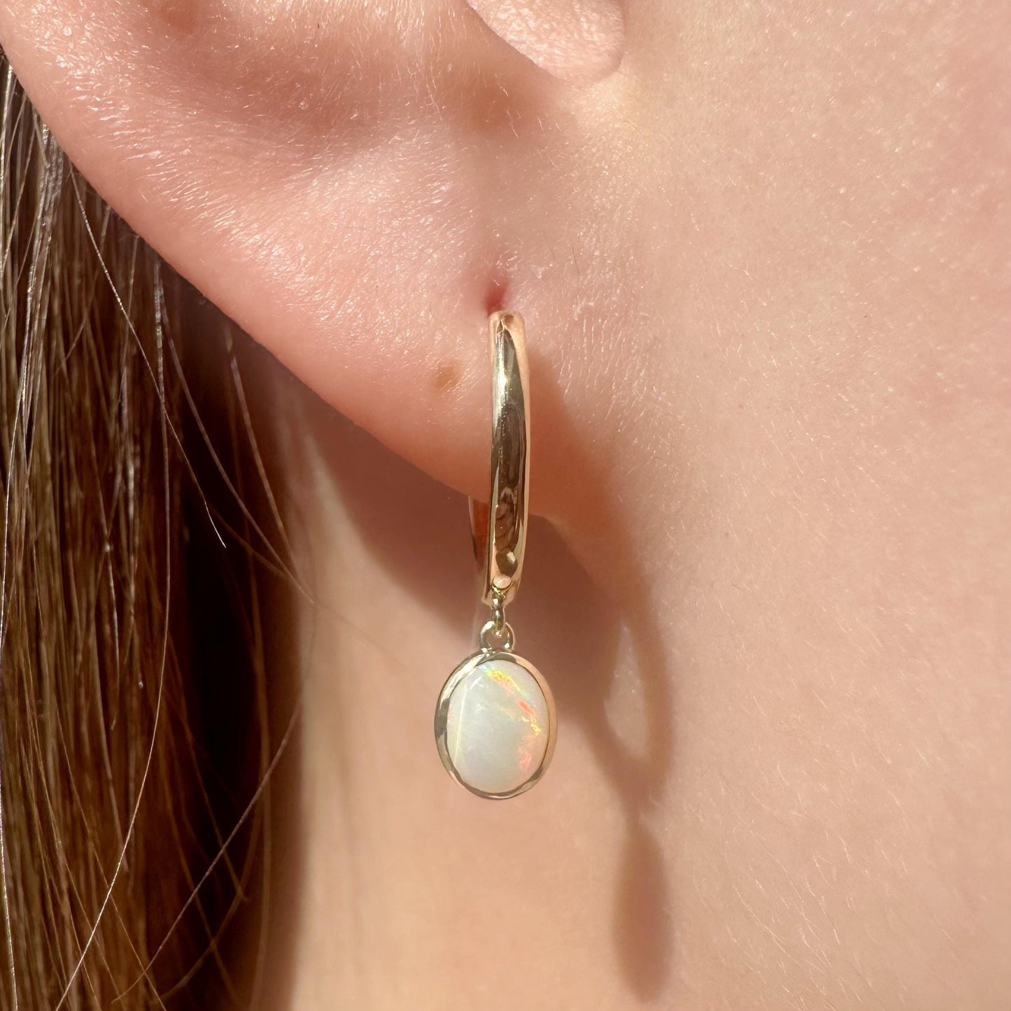 14K Solid Gold Genuine Bezel Australian Opal Dangle Hoops