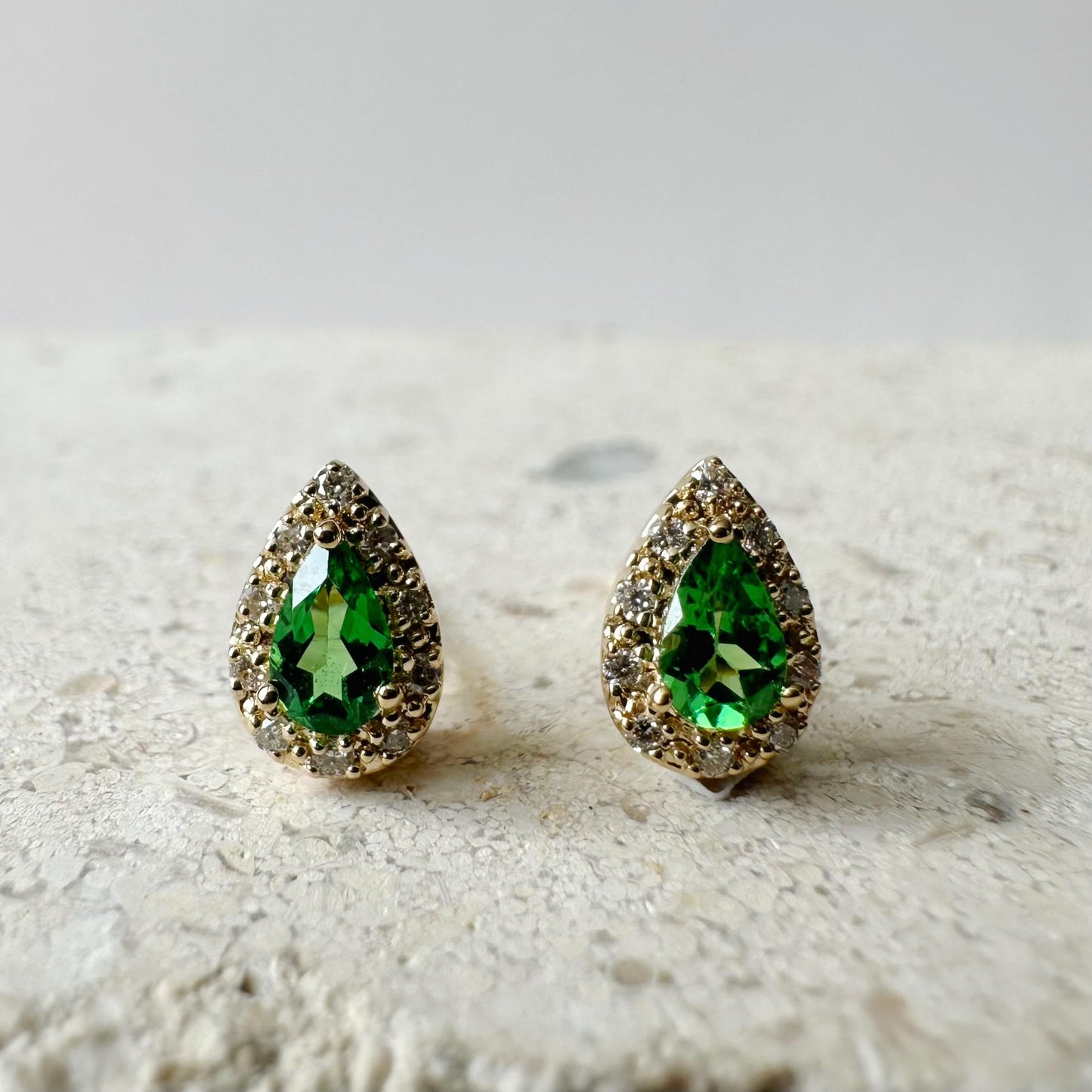 14K Solid Gold Genuine Diamond and Tsavorite Garnet Teardrop Studs/Pair