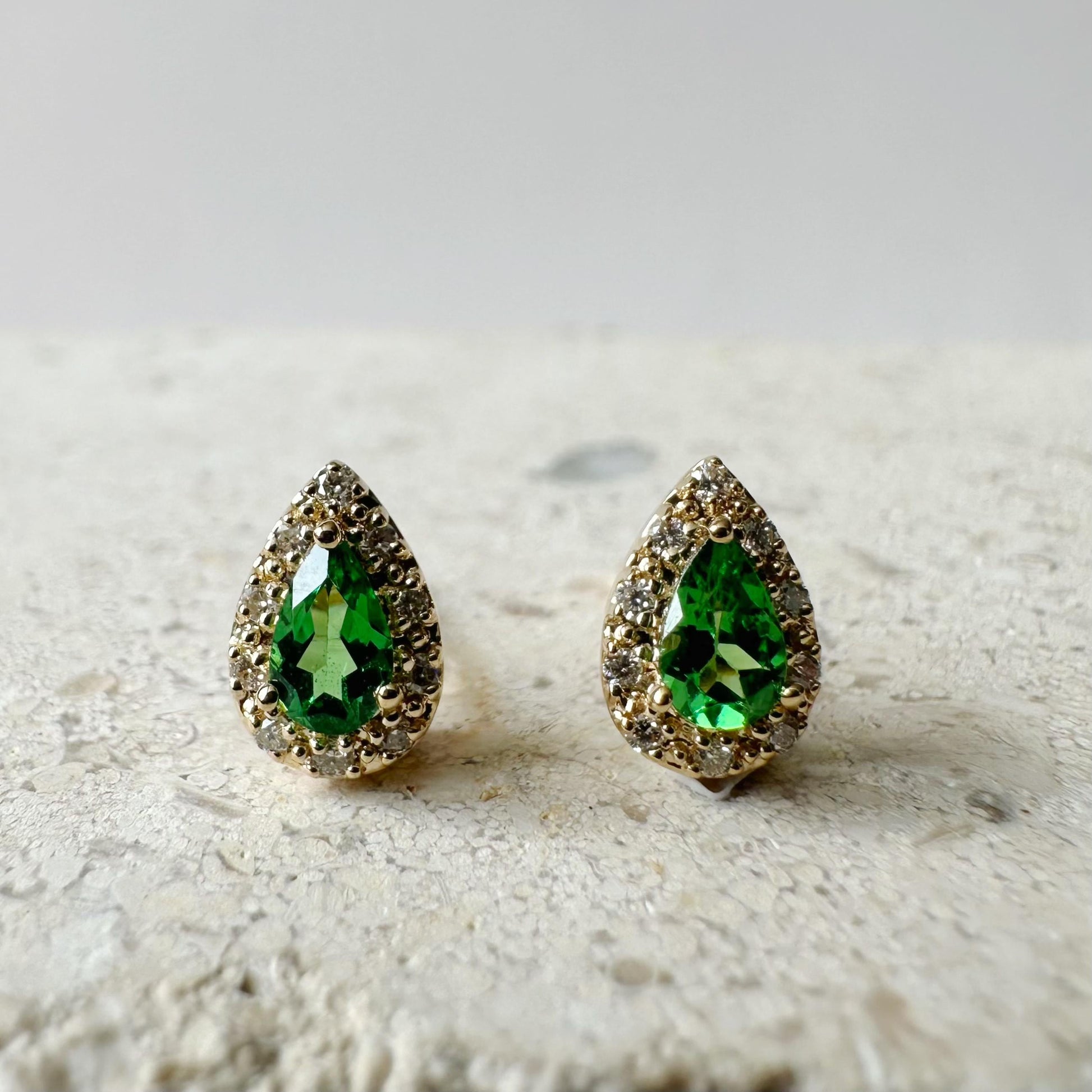 14K Solid Gold Genuine Diamond and Tsavorite Garnet Teardrop Studs/Pair