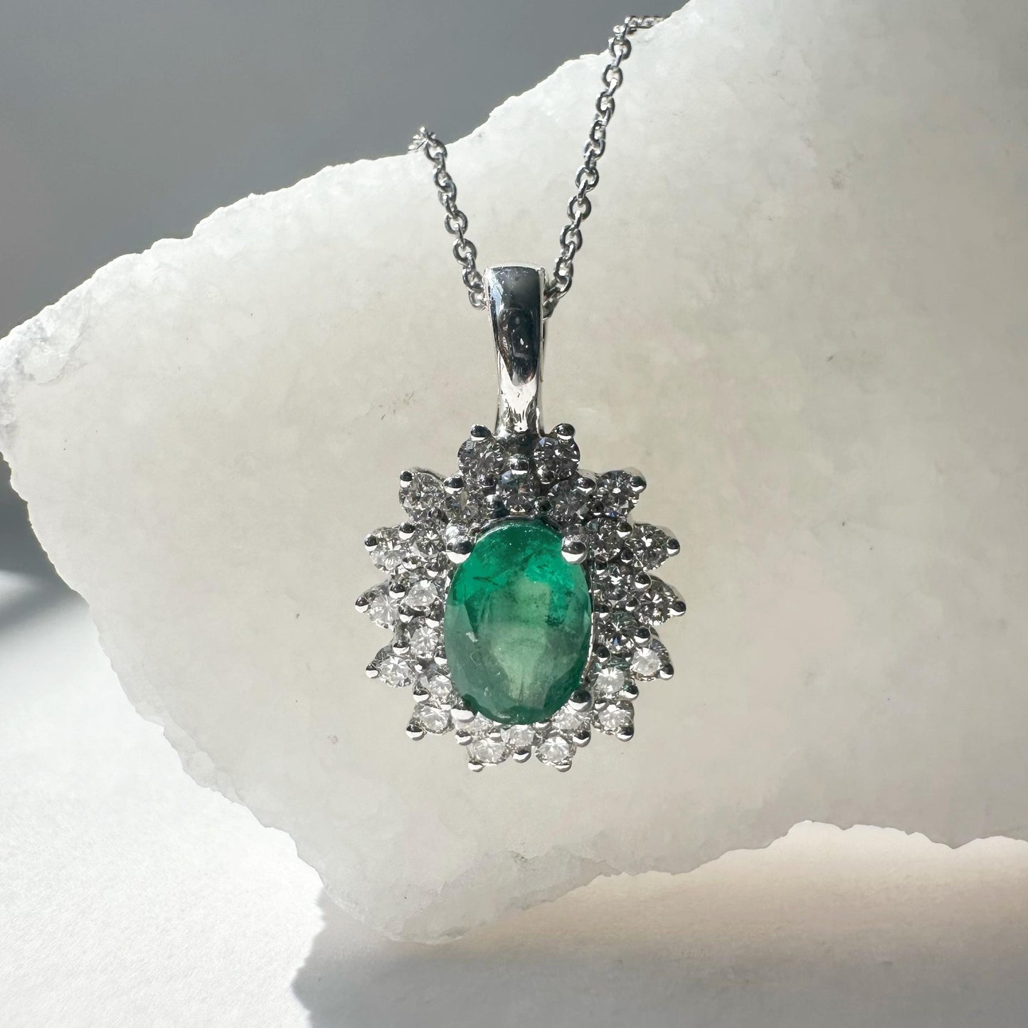 14K Solid White Gold Genuine Emerald and Diamond Halo Pendant