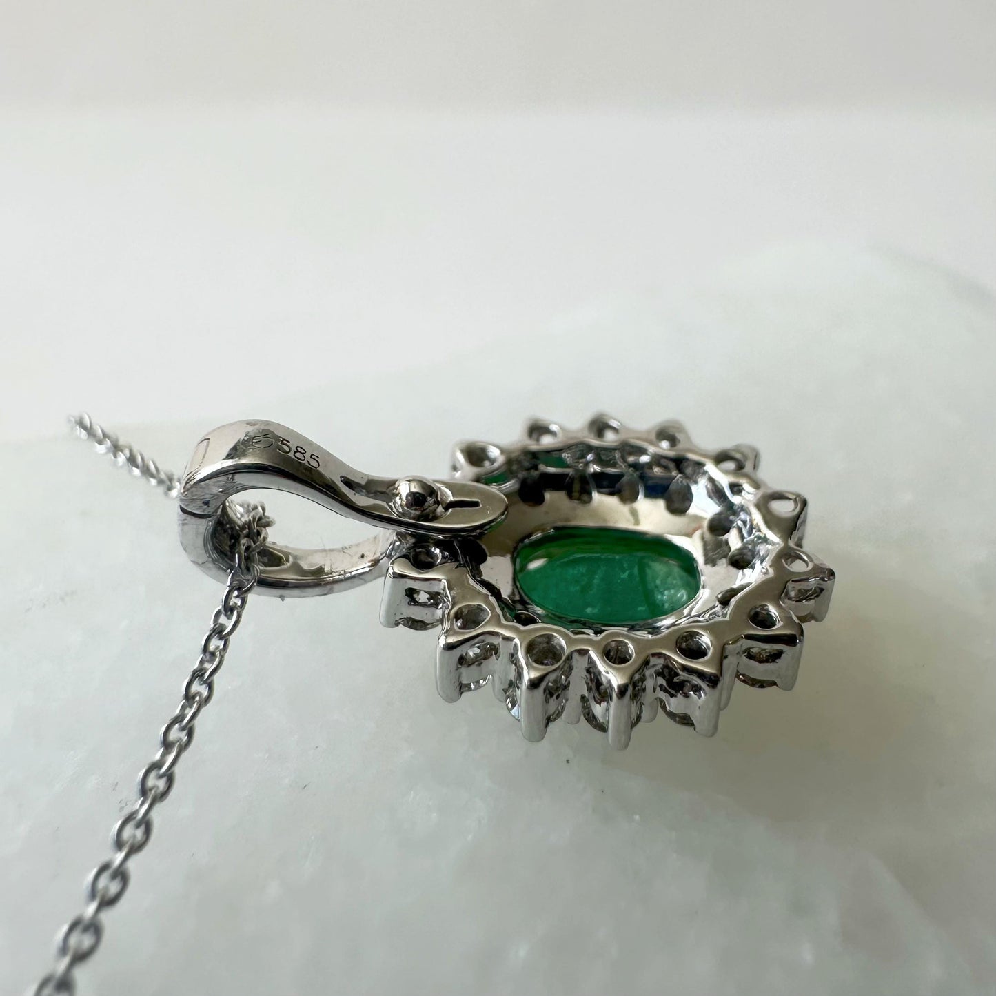 14K Solid White Gold Genuine Emerald and Diamond Halo Pendant