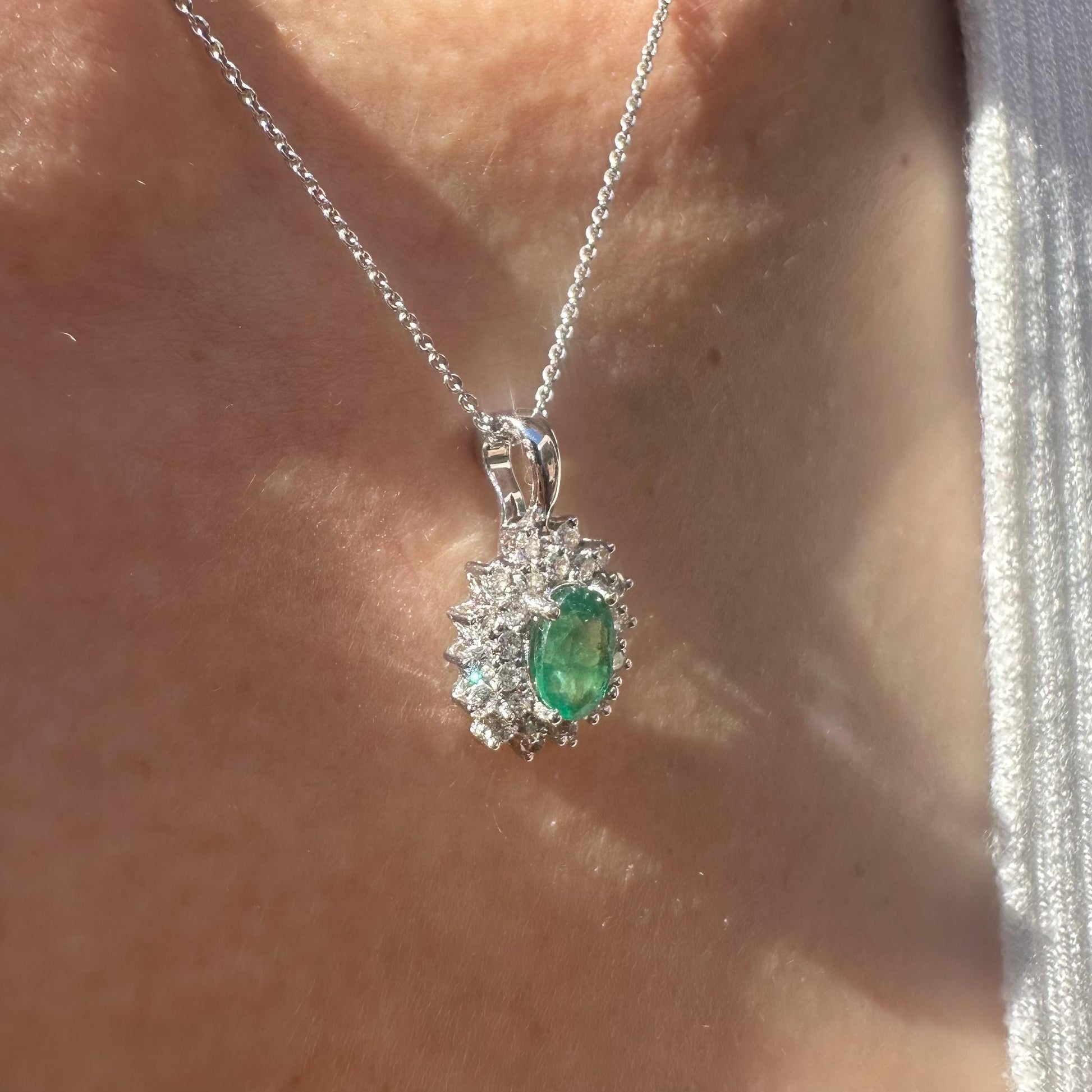 14K Solid White Gold Genuine Emerald and Diamond Halo Pendant