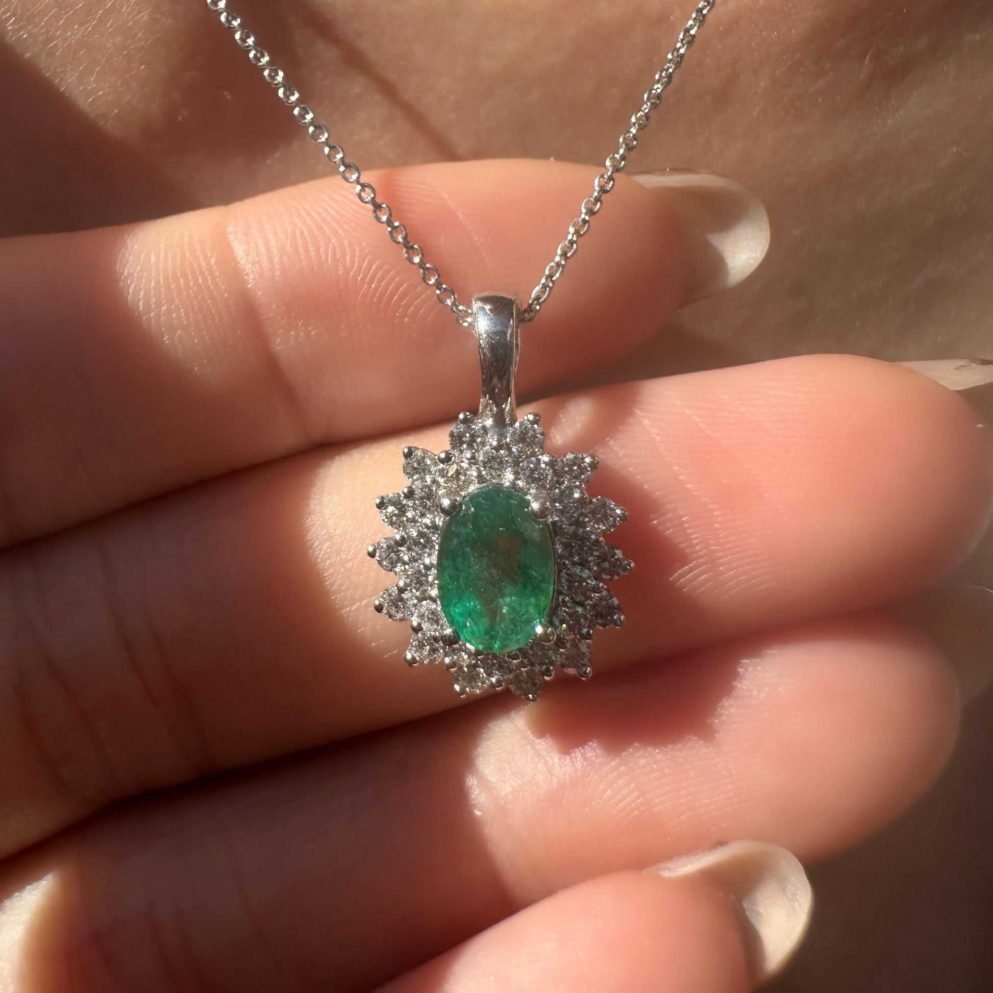 14K Solid White Gold Genuine Emerald and Diamond Halo Pendant