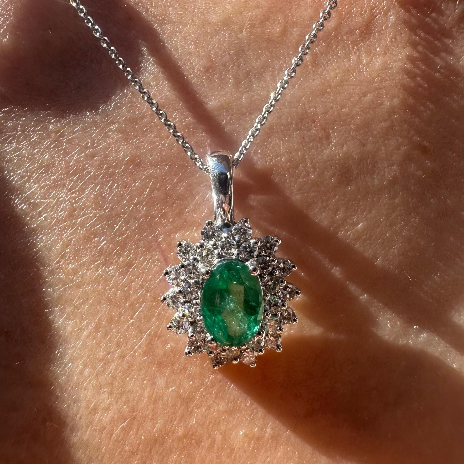 14K Solid White Gold Genuine Emerald and Diamond Halo Pendant