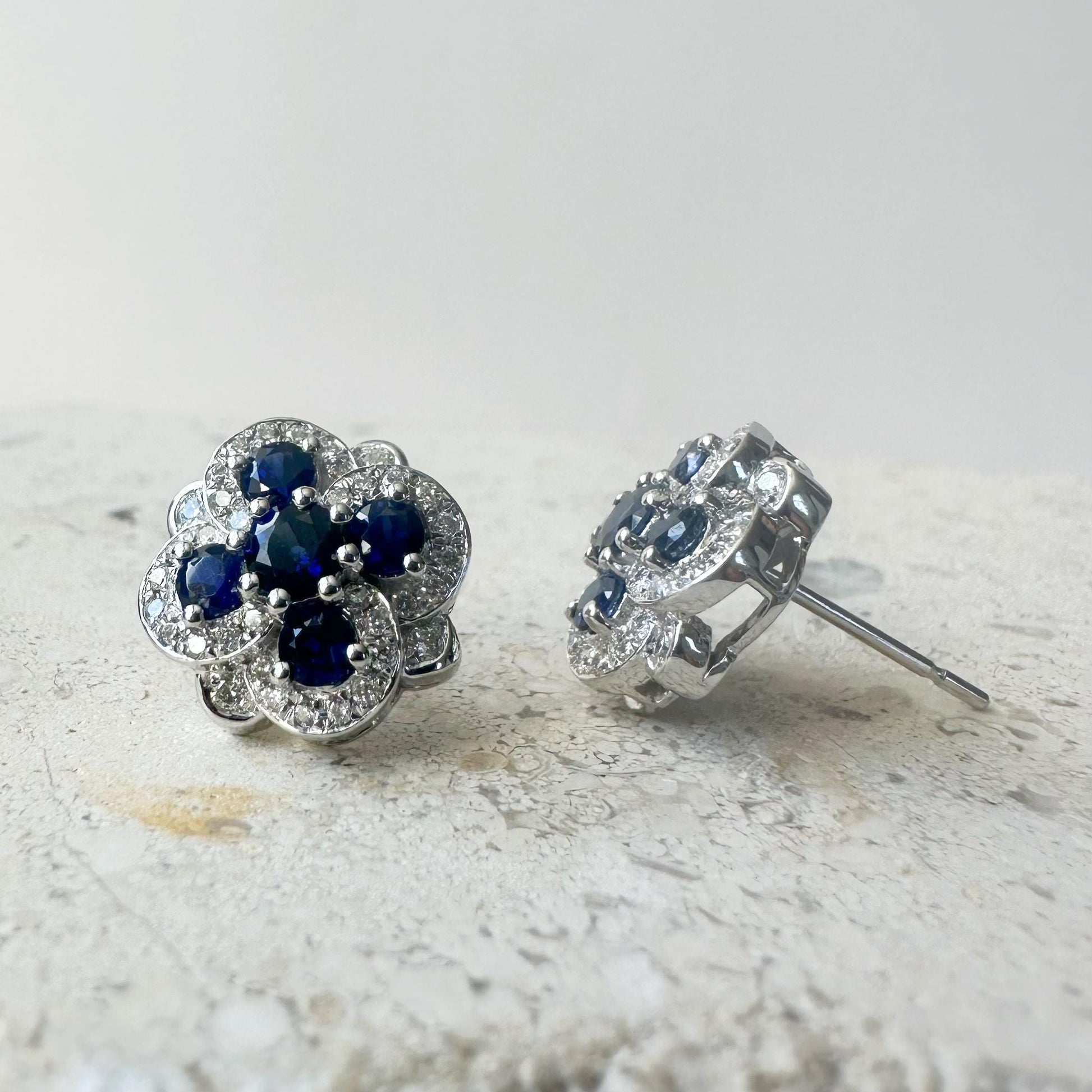 14K Solid White Gold Sapphire and Diamond Earrings