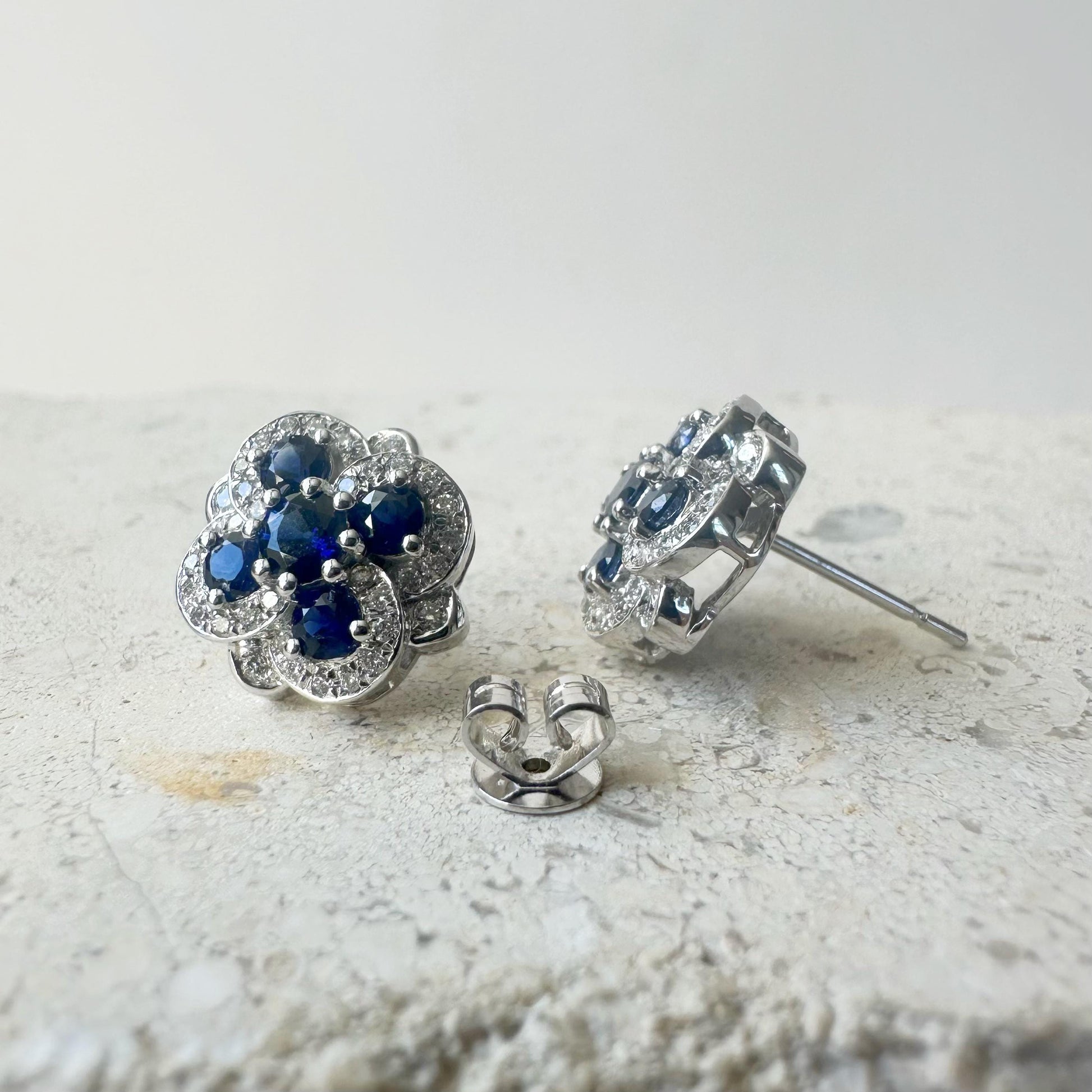 14K Solid White Gold Sapphire and Diamond Earrings