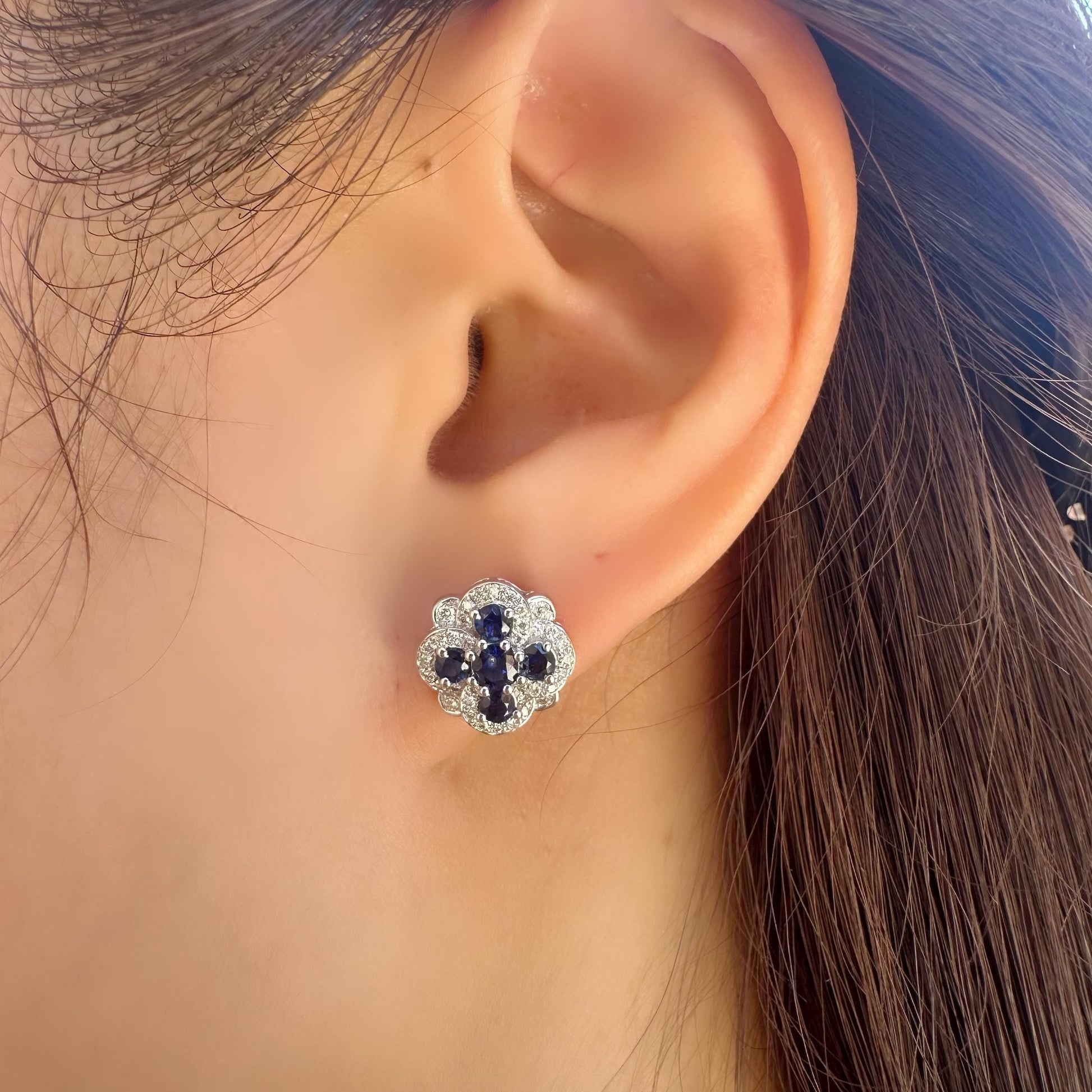 14K Solid White Gold Sapphire and Diamond Earrings