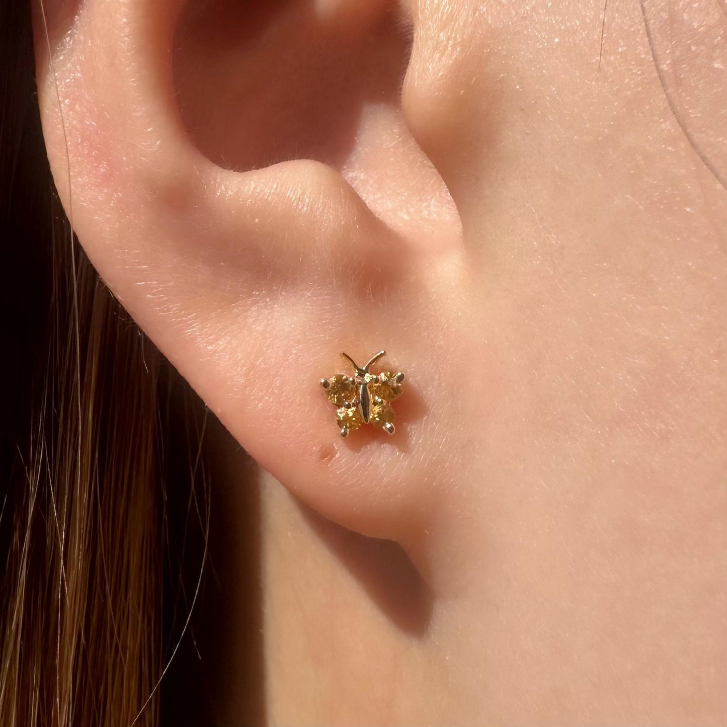 14K Solid Gold Genuine Orange Sapphire Butterfly Studs/Pair