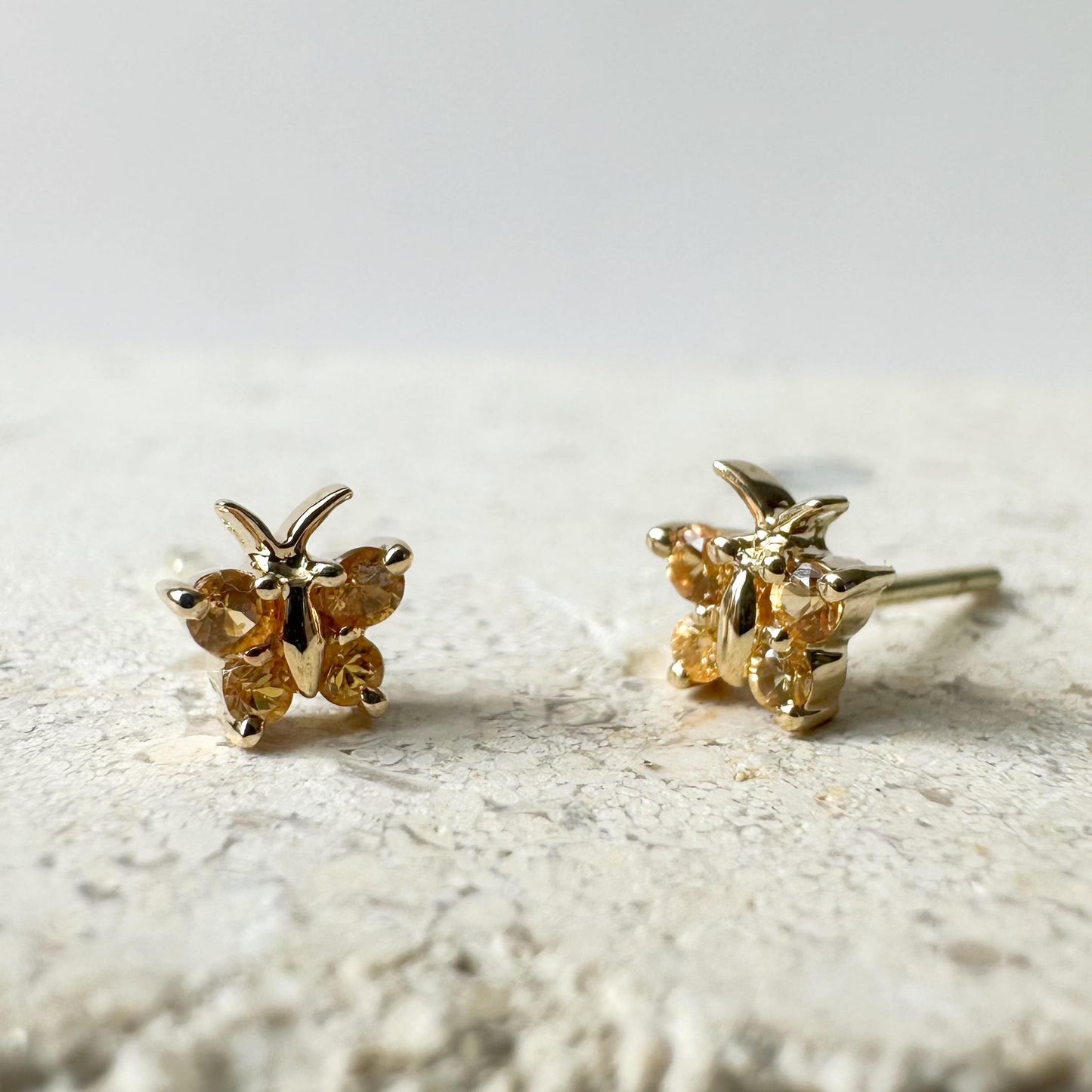 14K Solid Gold Genuine Orange Sapphire Butterfly Studs/Pair