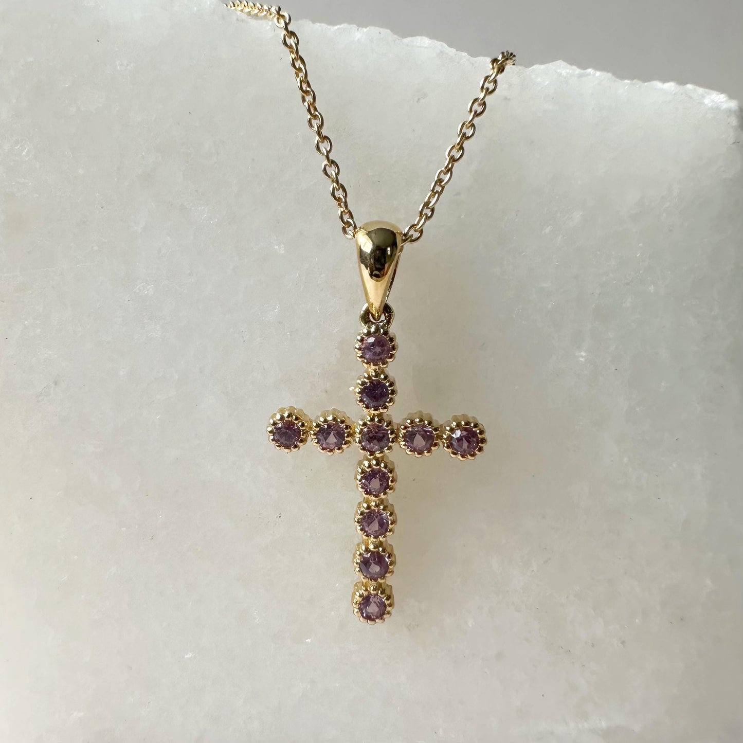 14K Solid Gold Genuine Pink Sapphire Cross Pendant