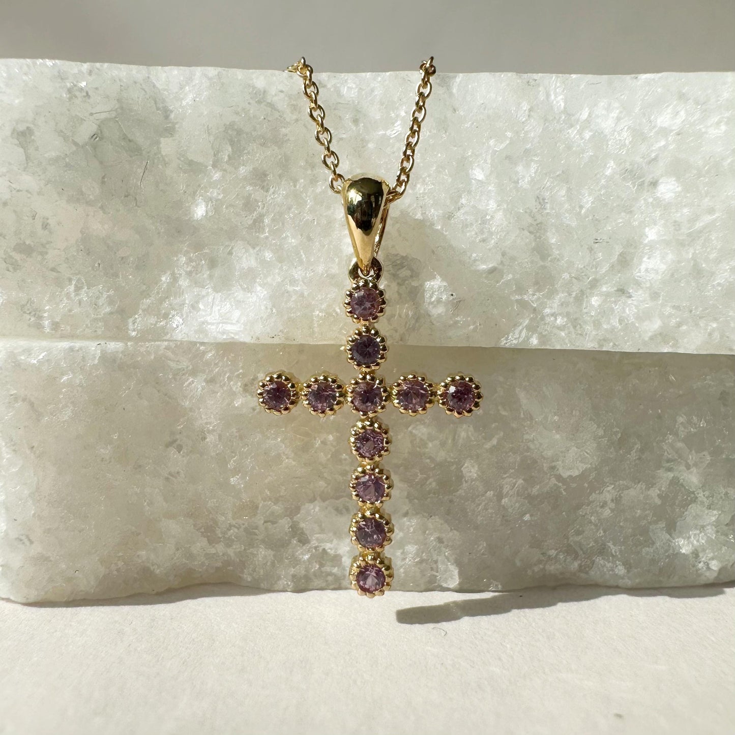 14K Solid Gold Genuine Pink Sapphire Cross Pendant