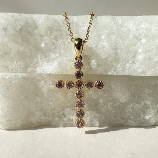 14K Solid Gold Genuine Pink Sapphire Cross Pendant