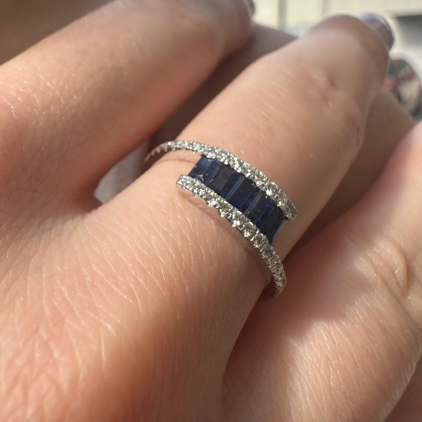 14K Solid White Gold Genuine Baguette Sapphire and Diamond Ring