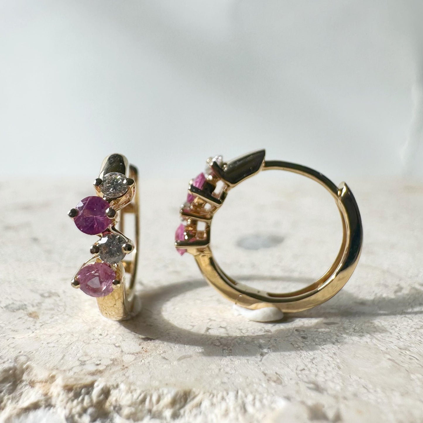 14K Solid Gold Genuine Pink Sapphire and Diamond Cluster Huggies/Hoops/Pair