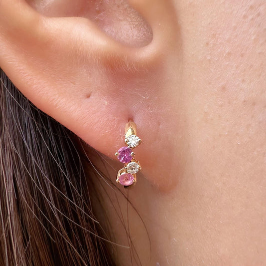 14K Solid Gold Genuine Pink Sapphire and Diamond Cluster Huggies/Hoops/Pair