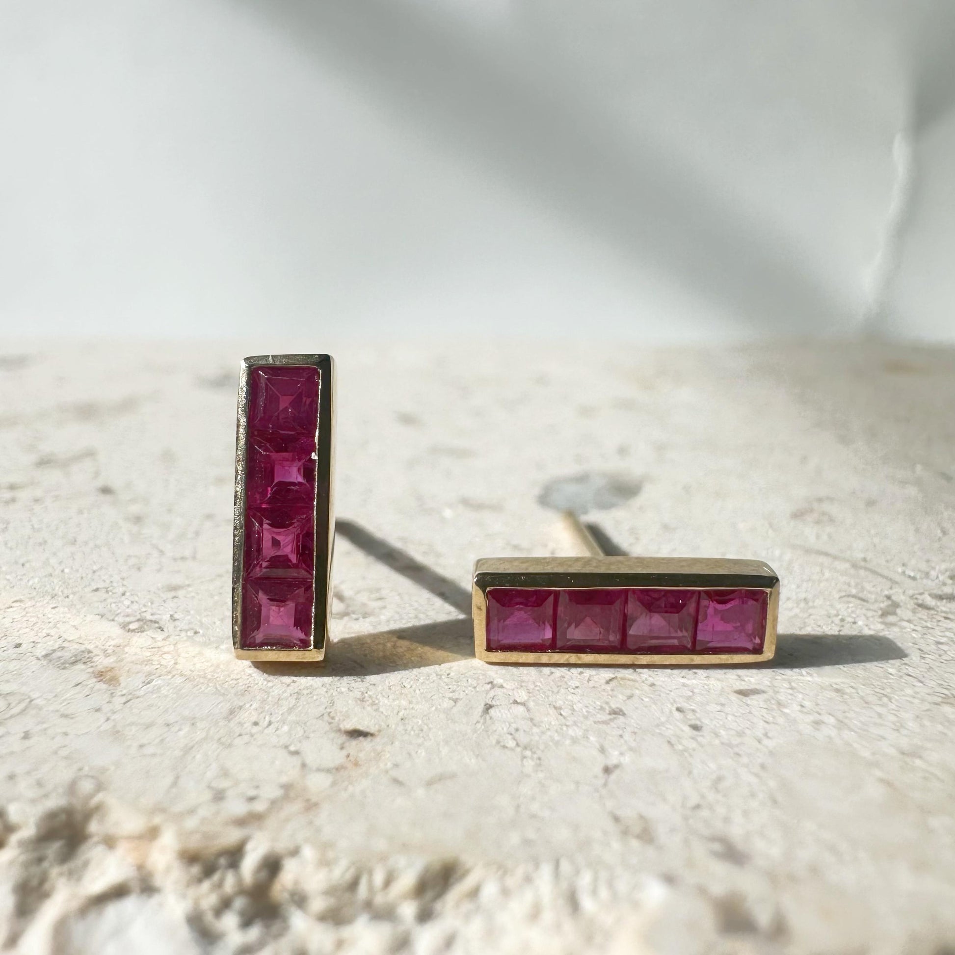 14K Solid Gold Genuine Ruby Bezel Bar Studs/Pair