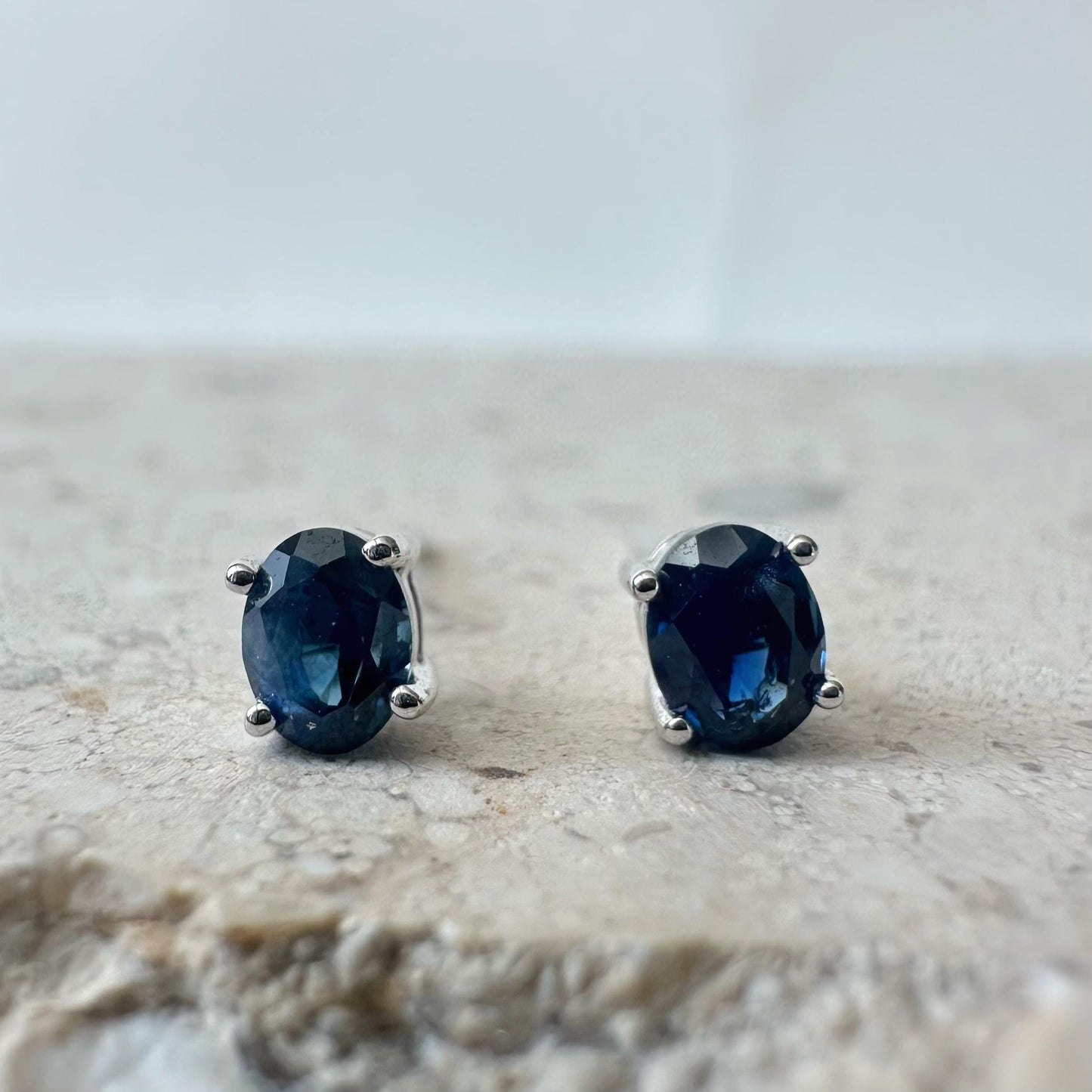 14K Solid White Gold Genuine Oval Sapphire Studs/Pair