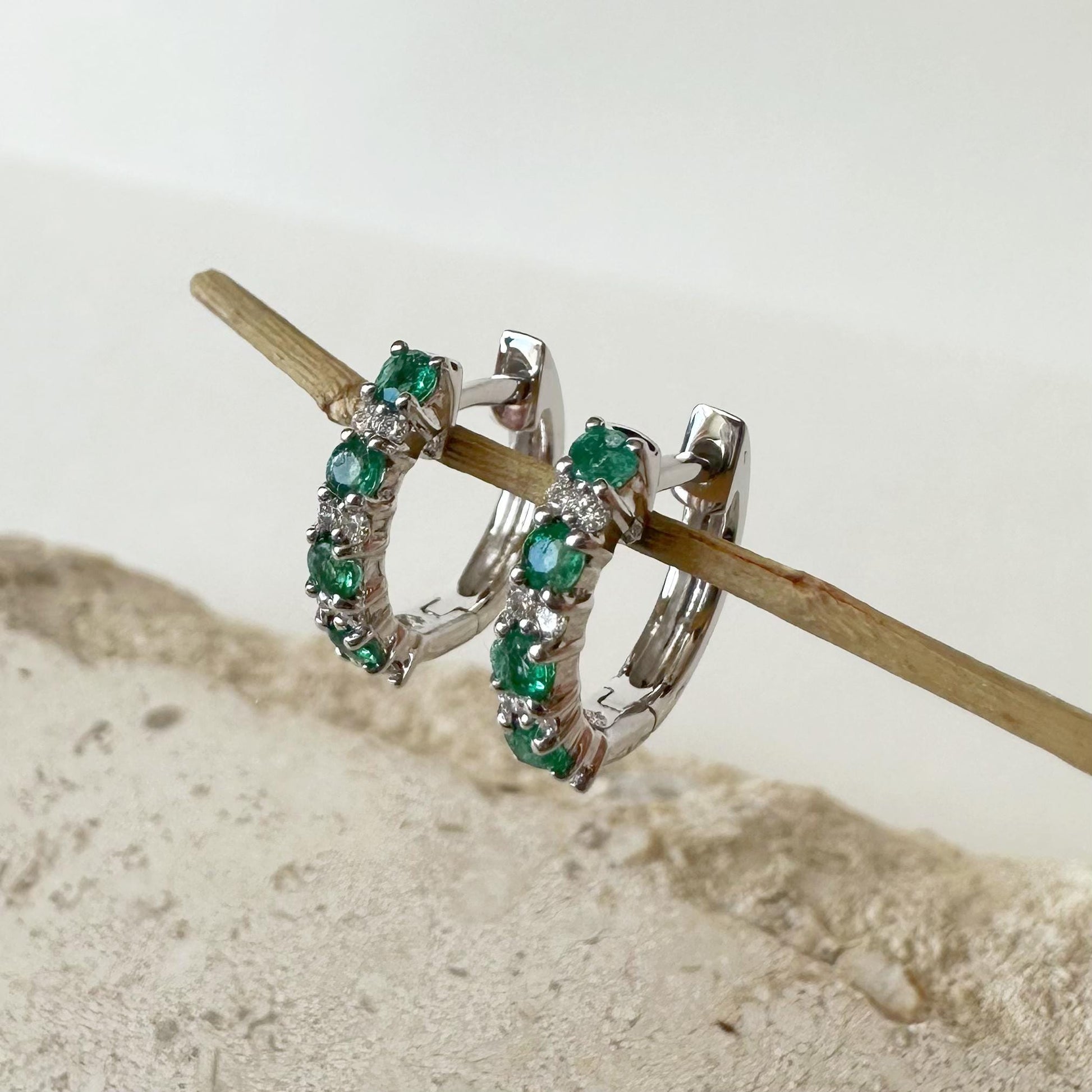 18K Solid White Gold Genuine Emerald and Diamond Hoops