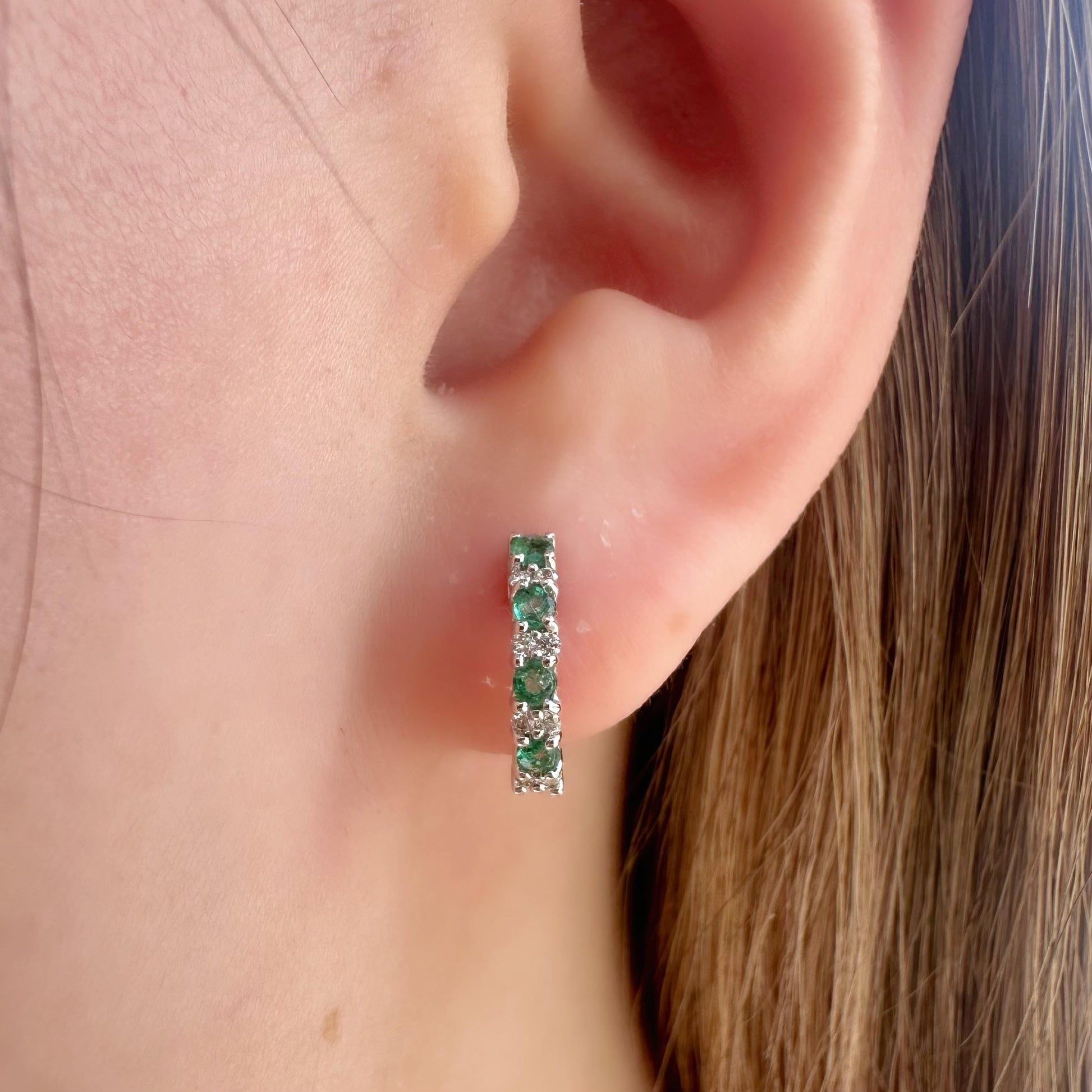 18K Solid White Gold Genuine Emerald and Diamond Hoops