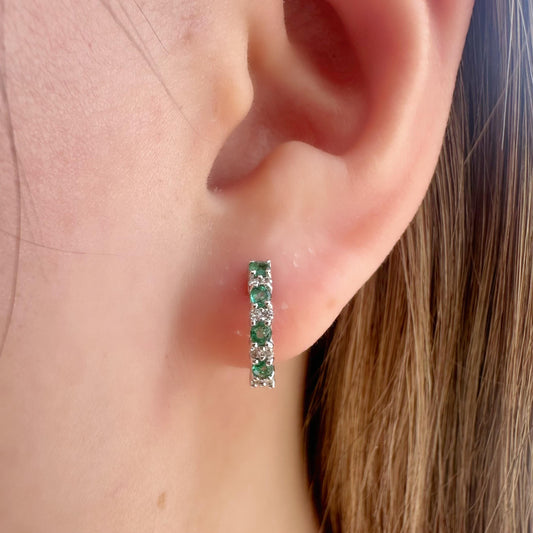 18K Solid White Gold Genuine Emerald and Diamond Hoops