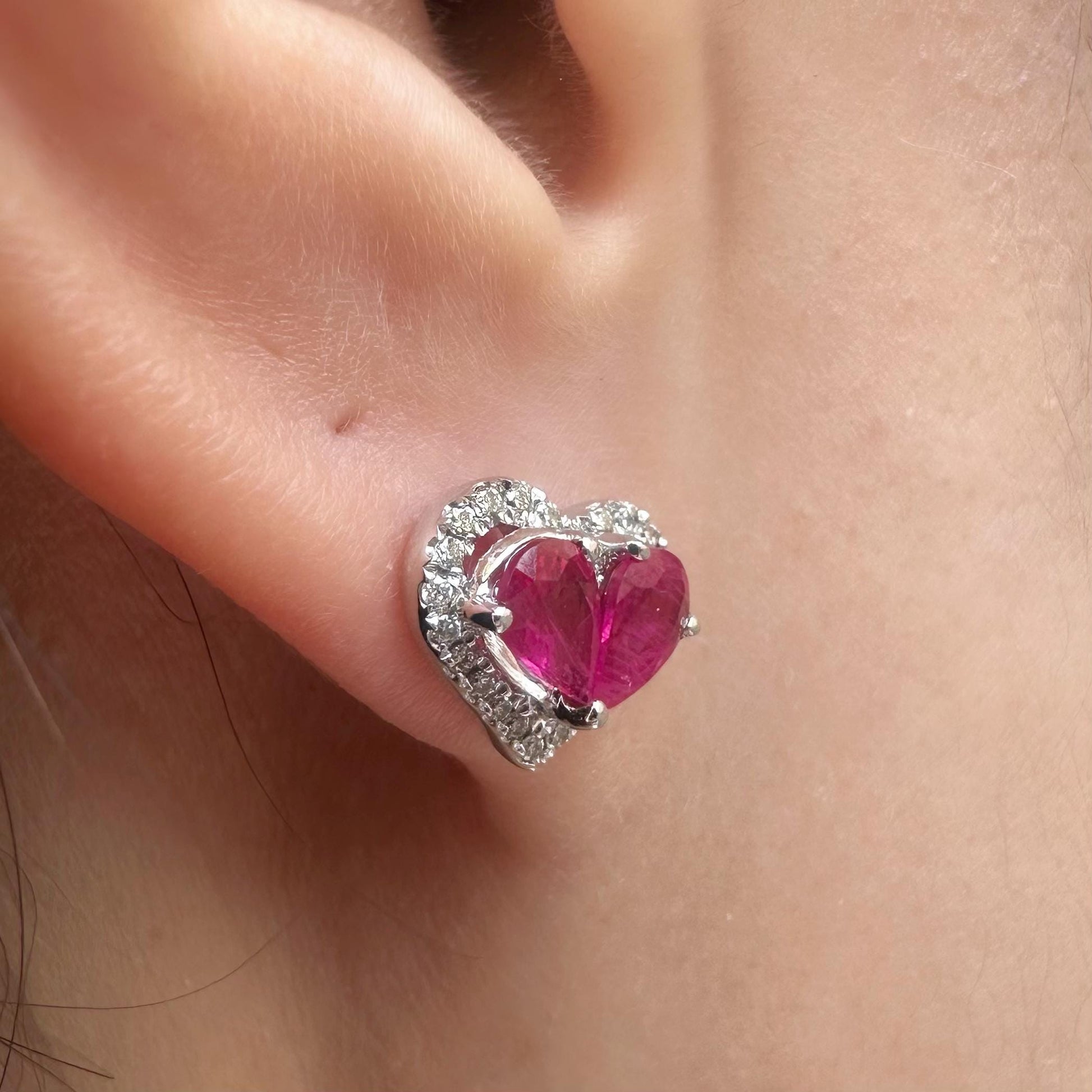 14K Solid White Gold Teardrop Ruby and Diamond Heart Earrings